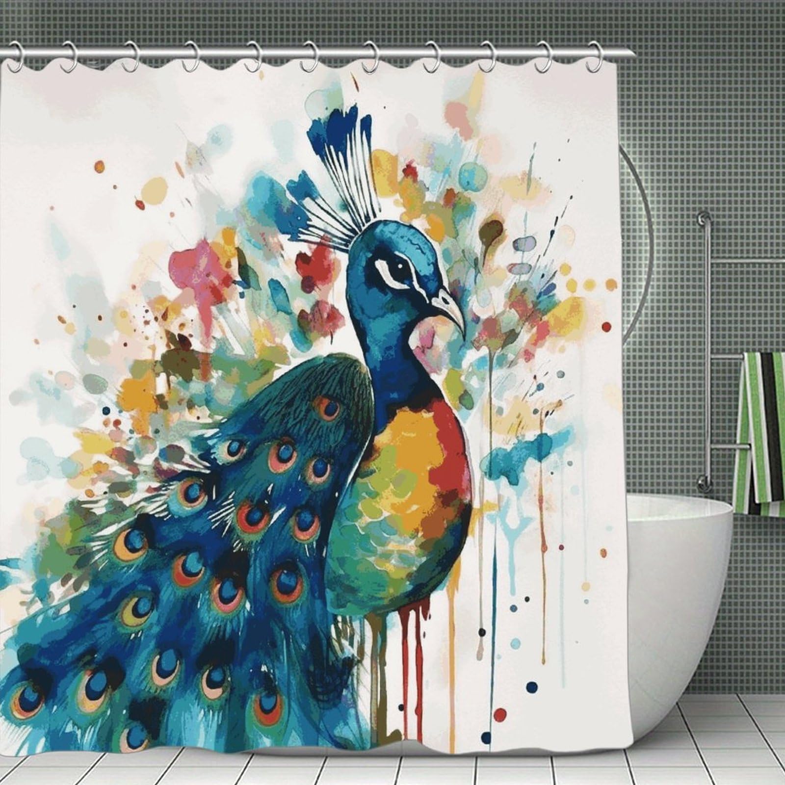 JTREHY Watercolor Peacock Shower Curtain Waterproof Bathroom Shower Curtain Machine Washable Bath Curtains Polyester Cloth Bath Curtains for Bathroom Showers 70.8×70.8Inch