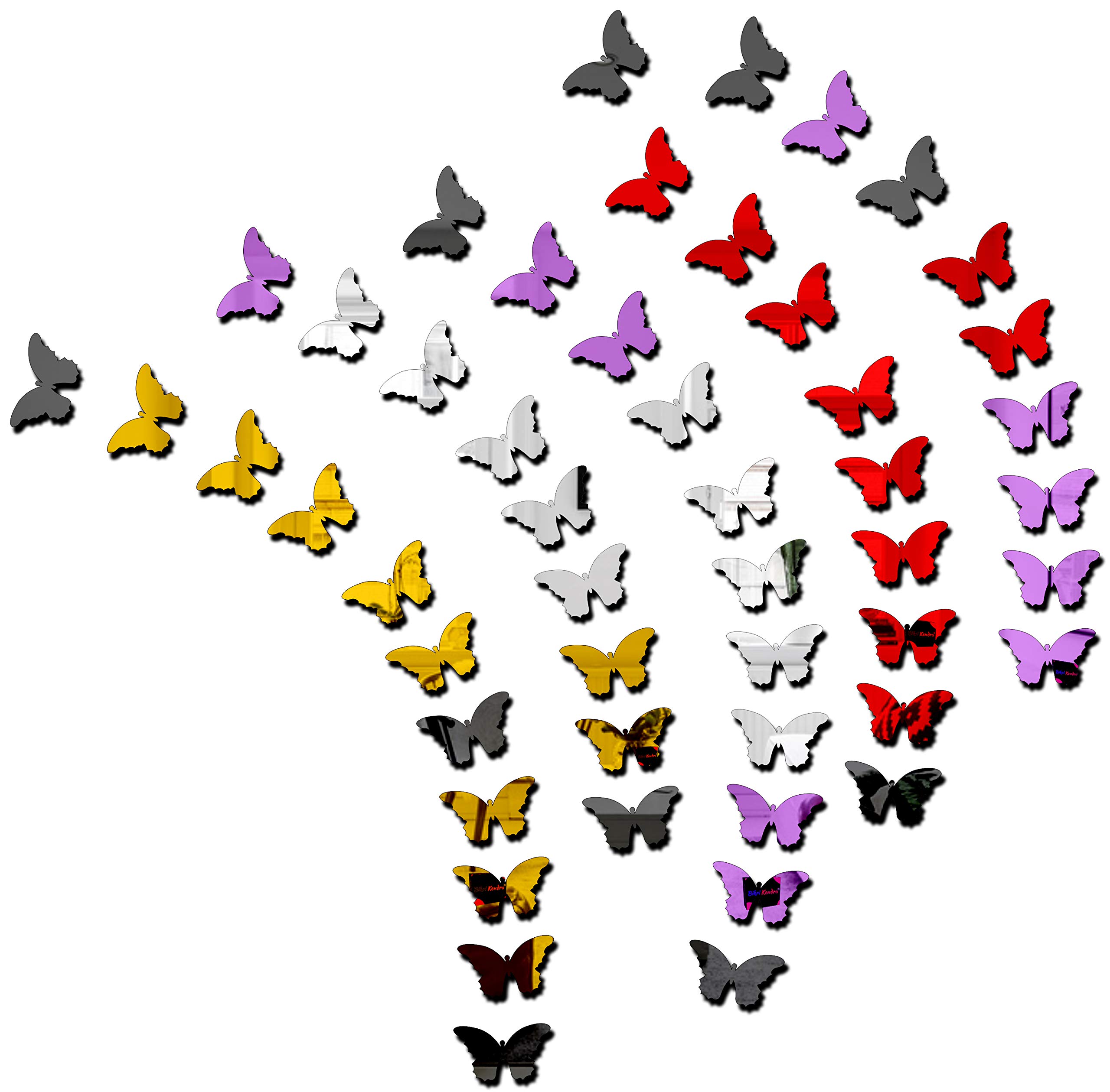 Bikri Kendra - 60 Butterfly Multicolor Decorative Mirror Stickers for Wall, Wall Mirror Stickers, 3D Acrylic Stickers Wall Stickers for Hall Room, Bed Room, Kitchen Living Room Kids Room.