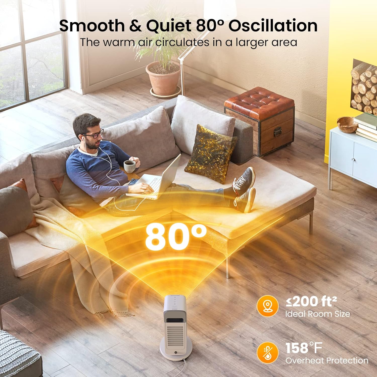 Acekool 1500W Smart Electric Space Heater - 16" Electric Heater with Wi-Fi & Bluetooth App Control, 80°Oscillation Ceramic Heater with Overheat Protection for Bedroom/Indoor/Office Use, 3 Modes & 8H Timer