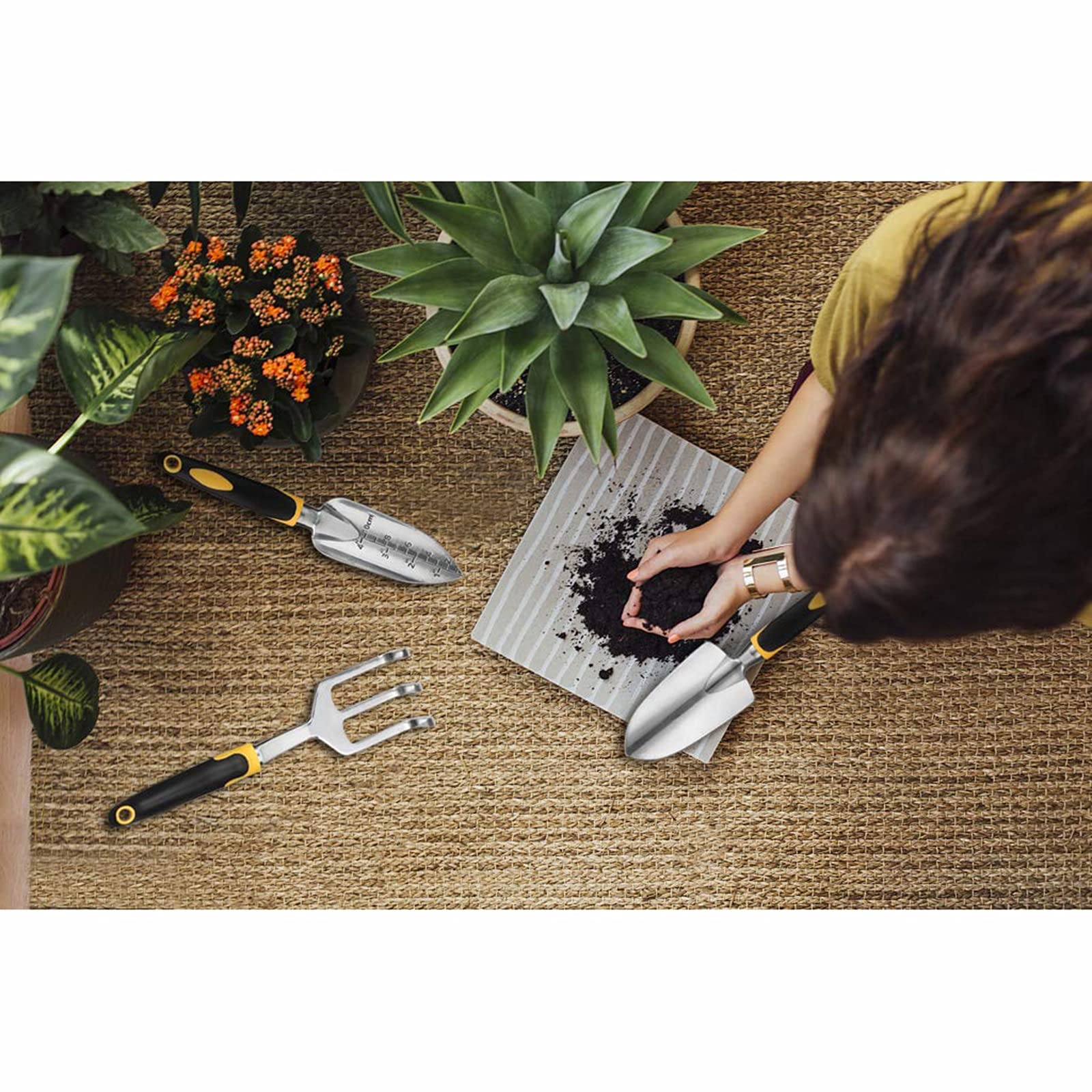 DINGFAN Juego de Herramientas Jardinería, Kit de Herramientas de Jardinería de Aluminio 5 Piezas con Guantes, Kit Plantación de Manos para Interiores y Exteriores, Regalos Jardinería