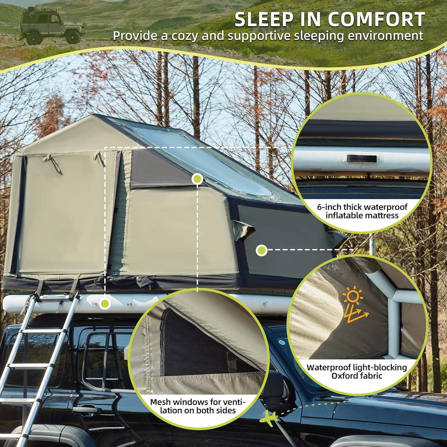 YOLENY Inflatable Tent for Camping, Multi-Function Rooftop Tent with Extended Canopy, 2 TPU Skylights, Telescopic Ladder & Air Cushion, Waterproof Full Dull Poly Textured Oxford