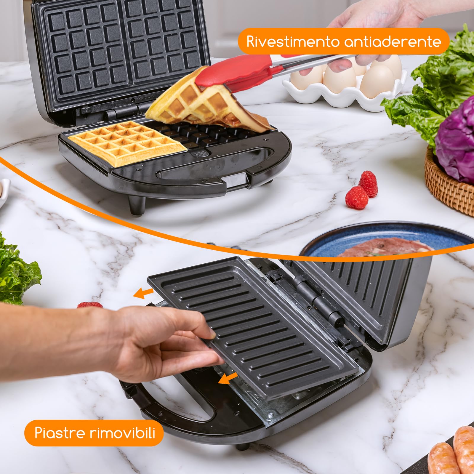 Aigostar Rubik - 750W Sandwich Maker/Grill/Waffle 3 in 1. Dimensioni Compatte con Sistema Automatico Termostatico, Piastre Antiaderenti e Rimovibili, lavabile in lavastoviglie, Design esclusivo