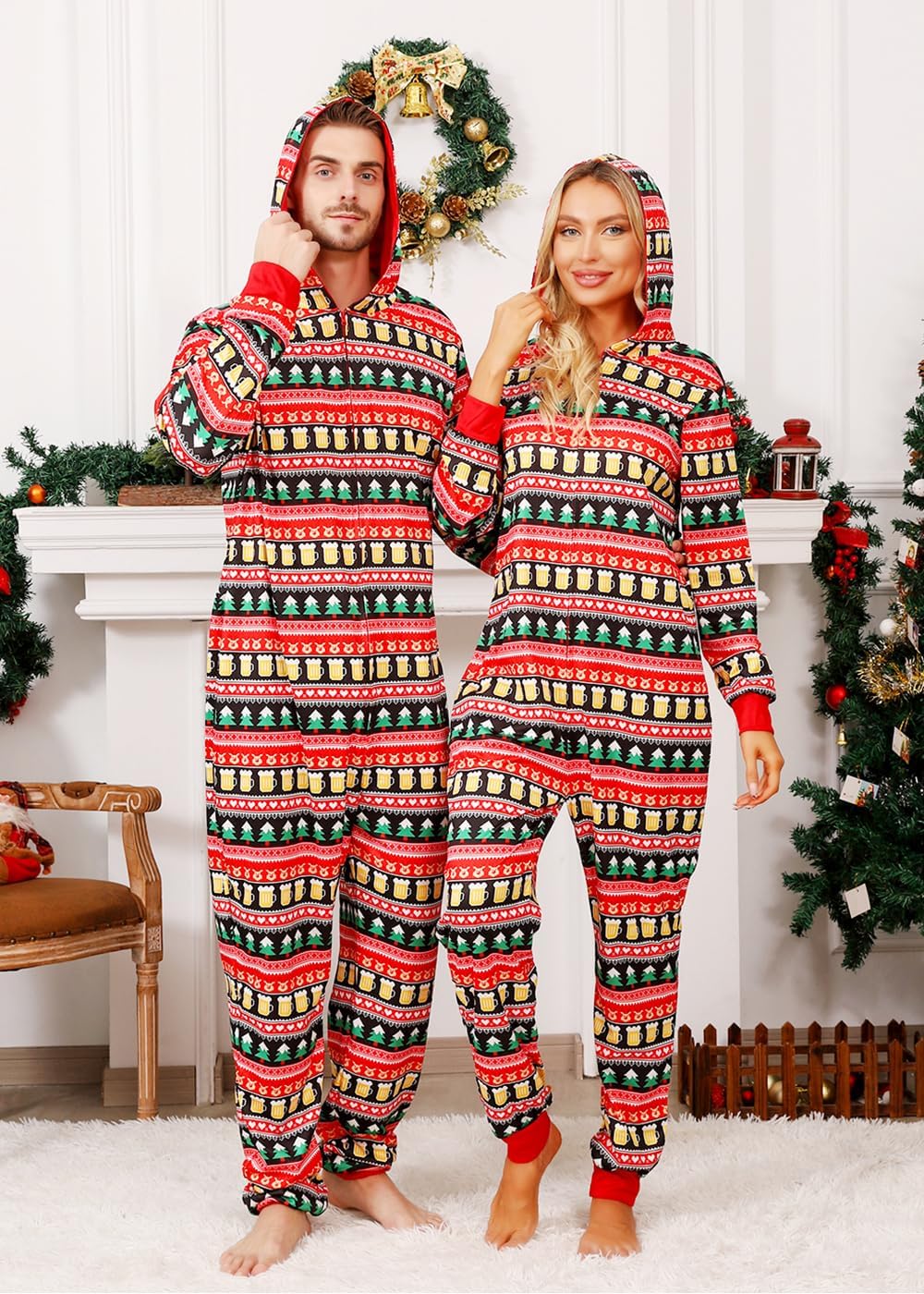 VNVNE Matching Christmas Onesie Pajamas Set for Family/Couples/Women/Men, One Piece Xmas Pjs Hooded Zipper Printed Sleepwear - Image 5