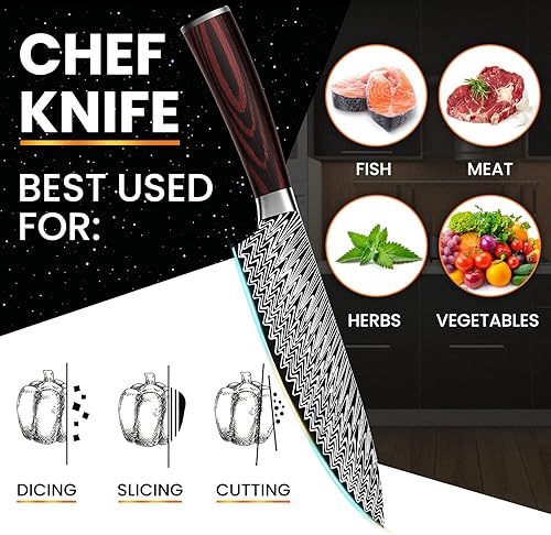 Miniatura 5 de Cuchillo de chef, cuchillo de cocina japonés Pro de 8 pulgadas, acero inoxidable de alto carbono con patrón de damasco, mango ergonómico de madera