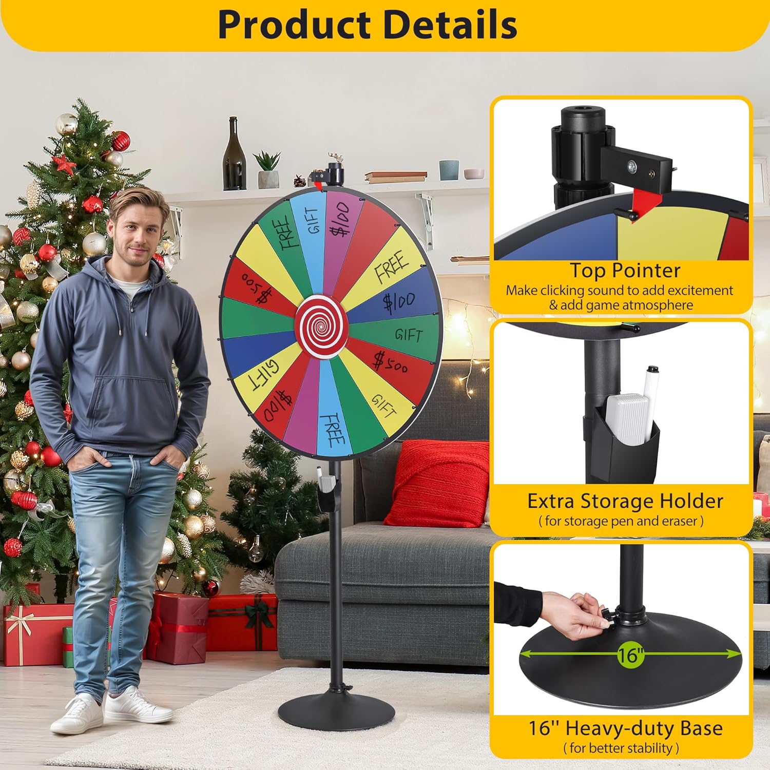 JupiterForce 36 Inch Prize Wheel, Heavy Duty Spinning Wheel with Adjustable Stand, Tabletop or Floor Spinner Wheel with 18 Slots, Dry Erase & Marker for Carnival, Trade Show and Fortune Spinning Game