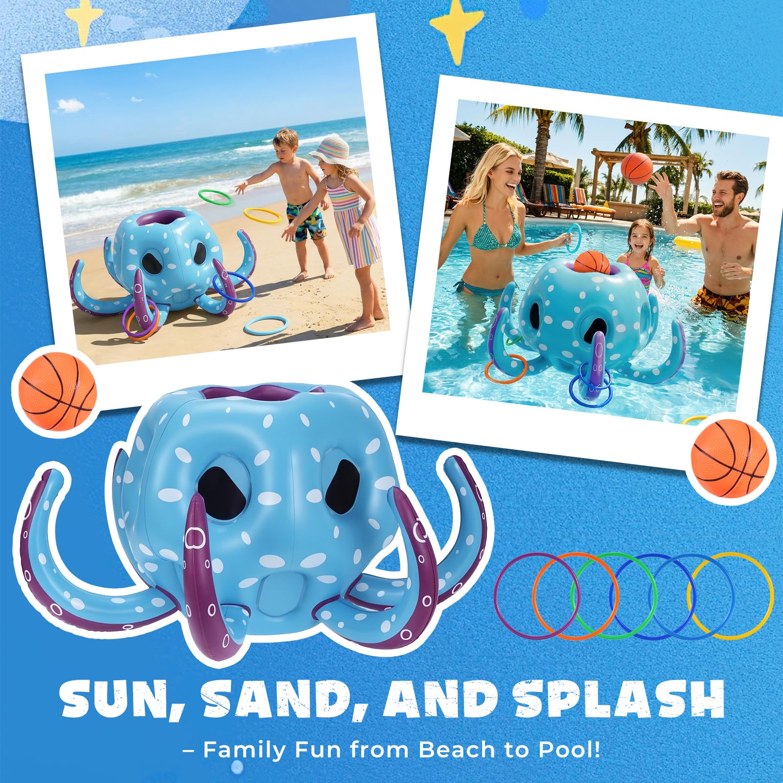 Juego de Piscina Hinchable Pulpo Niños, 2-en-1 Canasta de Baloncesto & Lanzamiento de Anillas, Juego Acuático Verano Playa, Regalo Cumpleaños para Niños Adultos Familia