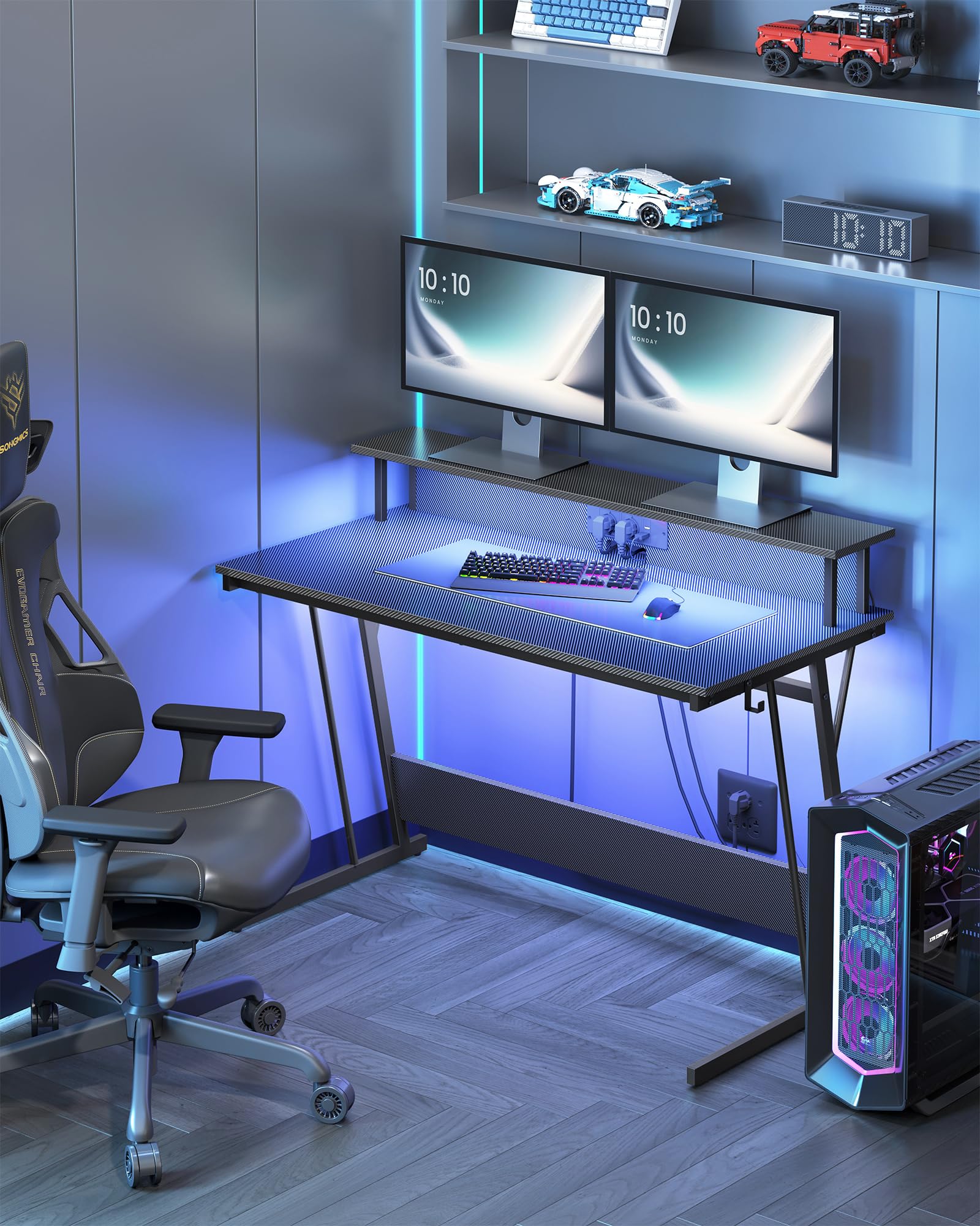 VASAGLE Bureau Gaming avec LED et Multiprise, Table Gamer, Bureau Informatique avec Rehausseur d’Écran, pour 2 Ordinateurs, pour Chambre, 60 x 120 x 76 cm, Noir Carbone LWD192B02