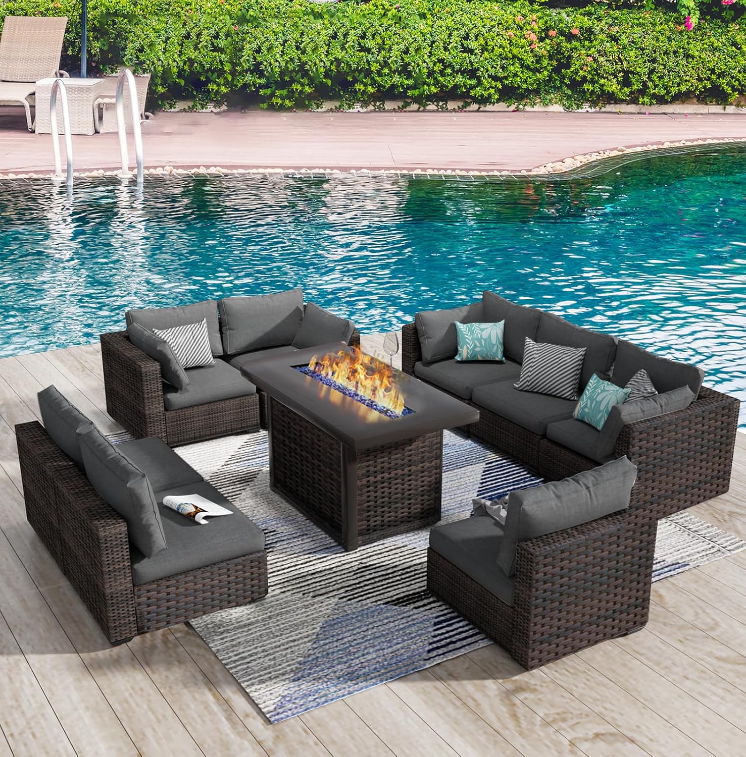 9 Piece Patio Furniture Set with 44" Fire Pit Table, Outdoor Sectional Couch, PE Rattan Patio Conversation Sets with 4inch Cushions for Backyard Grey