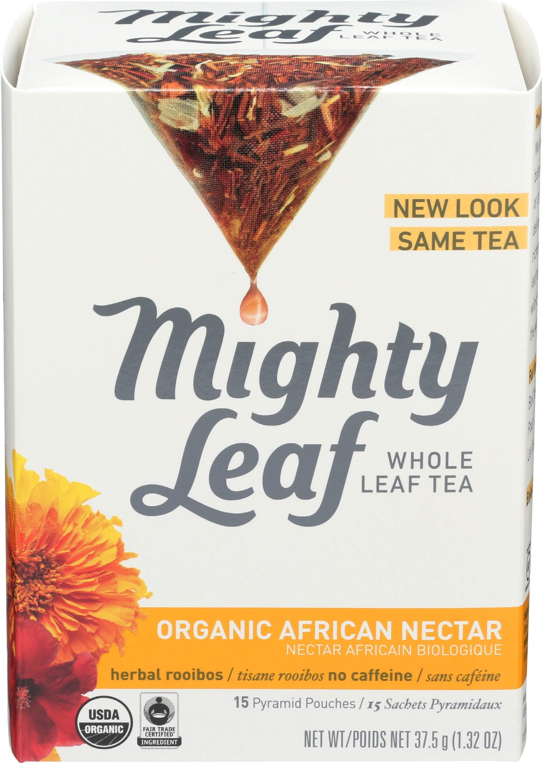 Mighty Leaf Whole Leaf Tea, Organic African Nectar, 15 Tea Bags Individual Pyramid-Style Tea Sachets of Uncaffeinated Organic Rooibos Tea, Delicious Hot or Iced, Sweetened or Plain