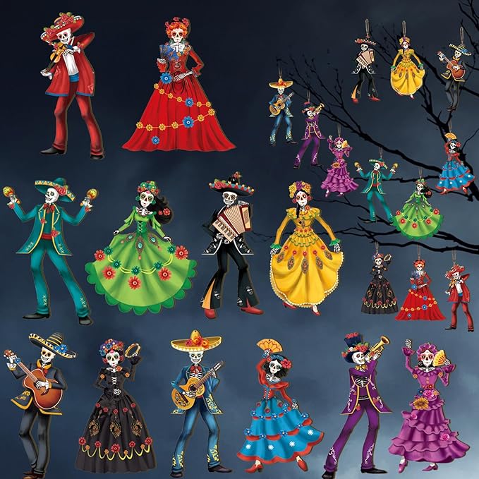 Shellwei 36 Pcs Dia De Los Muertos Decor Day of The Dead Wood Ornaments Sugar Skull Decoration Mexican Day of The Dead Hanging Ornament Dancing Couple Colorful Clothes Guitar Decor for Halloween Party