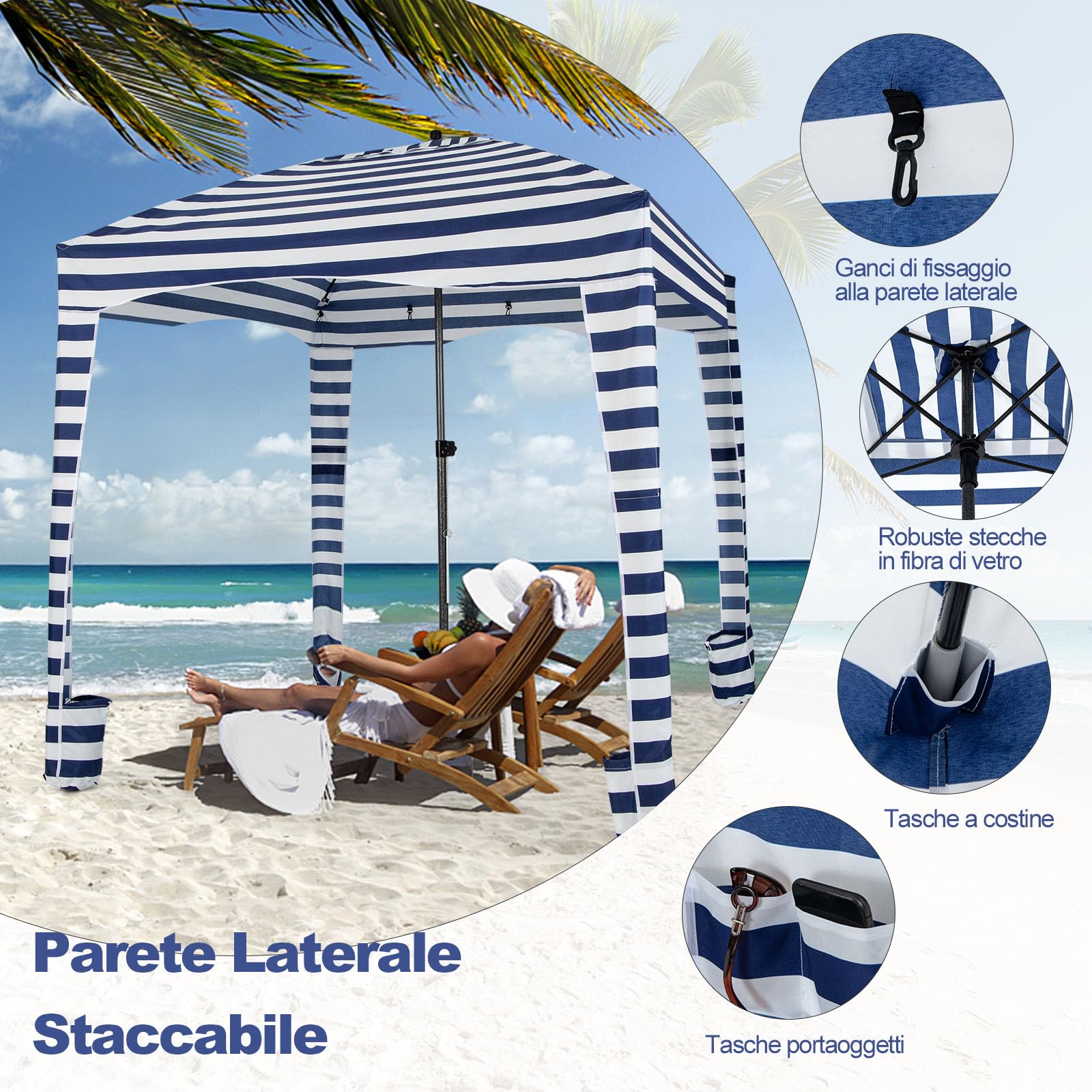 RELAX4LIFE Tenda da Spiaggia Pieghevole/Gazebo183 x 183 cm con Borsa, Parete Laterale Staccabile e 8 Sacchetti di Sabbia, Tenda Portatile per il Sole all'Aperto per Mare, Campeggio e Picnic (BLU)