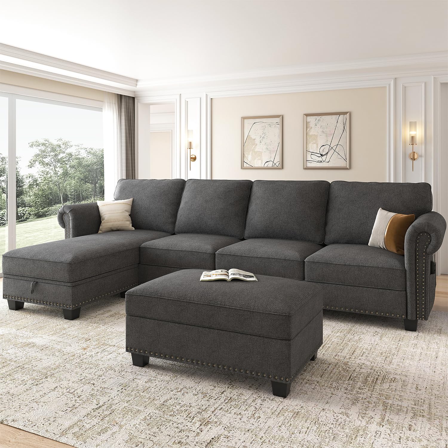 ( incomplete)( only middle part sofa similar item )Nolany Sectional Couch with Chaise, L Shaped Convertible Sofa Couch with Storage Ottoman Sectional Sofa Set for Living Room Furniture Sets Dark Grey