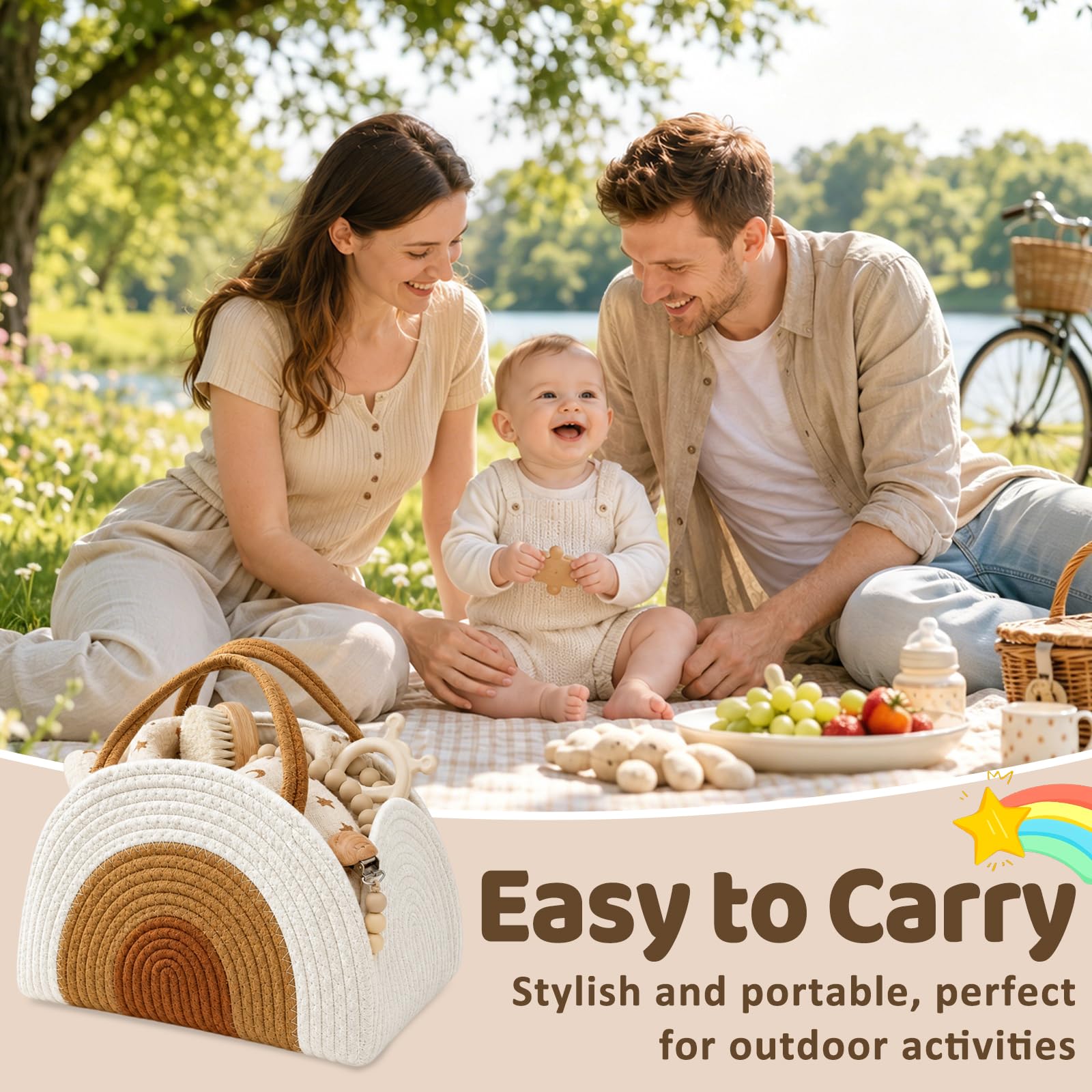 Cestino Porta Pannolini, Portatile Organizer Fasciatoio per Neonati con Divisorio Rimovibile e Manici, Organizer per Pannolini, Organizzatore per Pannolini per Regali Neonati, Bianco Marrone