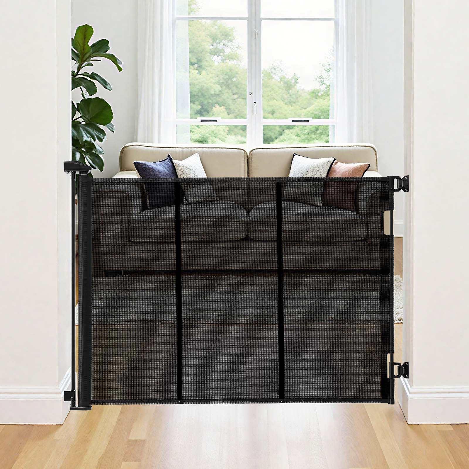 VEVOR Puerta Retráctil 430 x 106 cm, Valla de Seguridad para Perros, Panel de Malla Transpirable con Tiras de Fibra de Vidrio para Escaleras Interiores, Puertas, Pasillos, Salas de Juegos, Negro