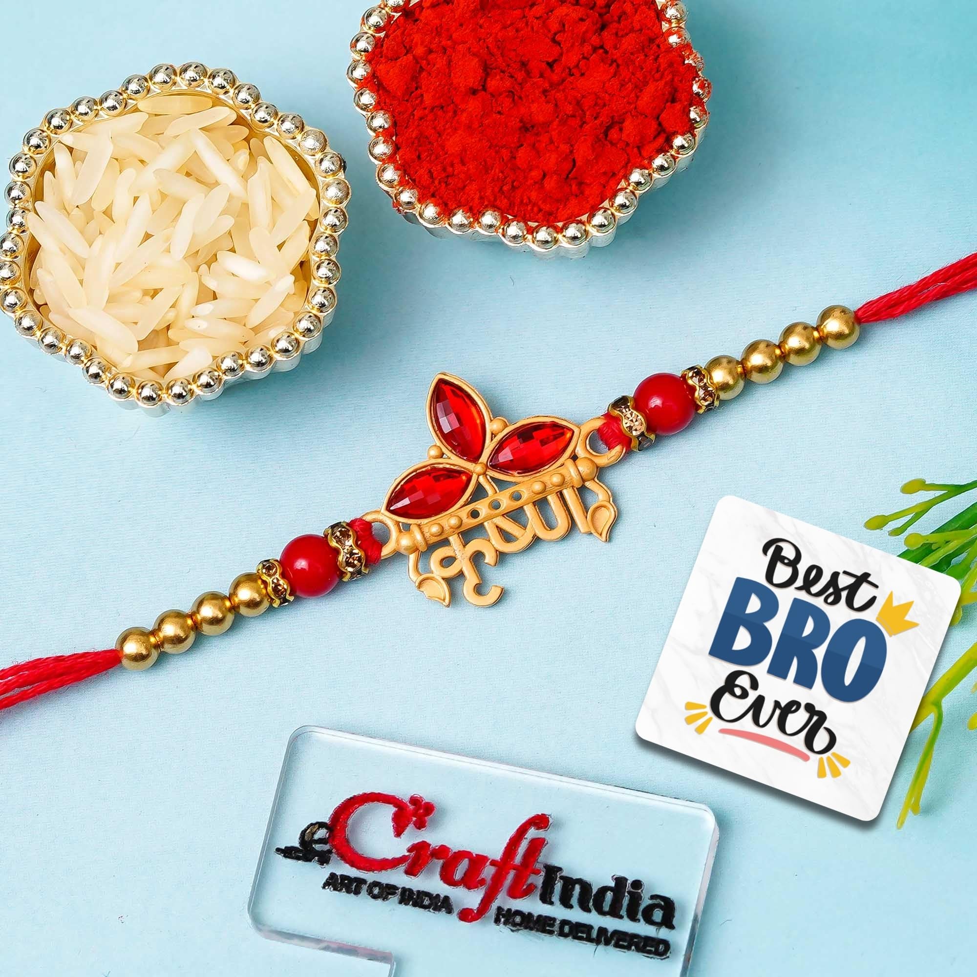 eCraftIndia Krishna Kundan Beads Designer Rakhi for Brother with Gift Combo Set | Raksha Bandhan Rakhi for Bhai Bhaiya | Best Bro Ever Fridge Magnet | Roli Chawal Pack