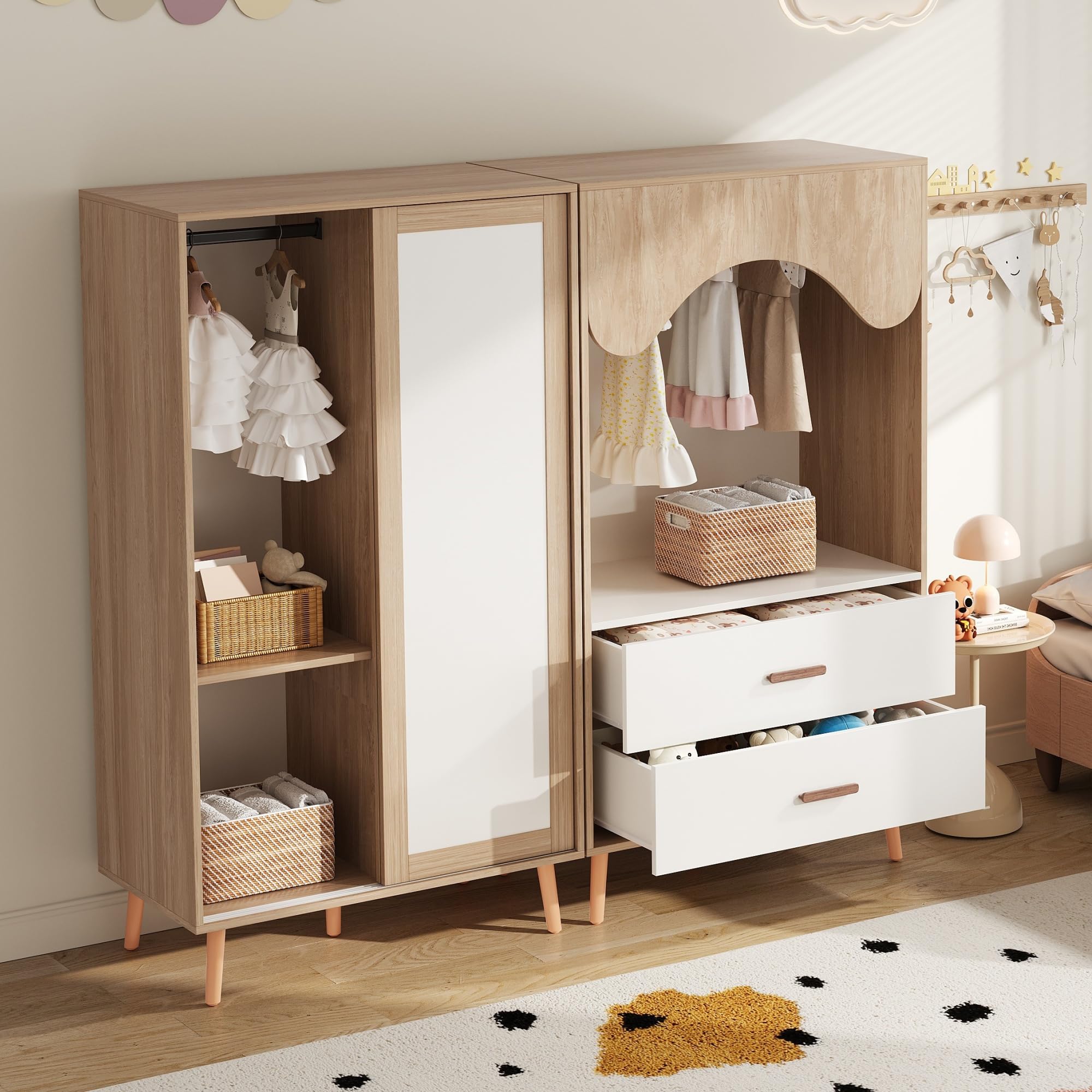 Soweiz Appendiabiti per bambini con porta scorrevole, bianco + legno naturale, 141,5 cm