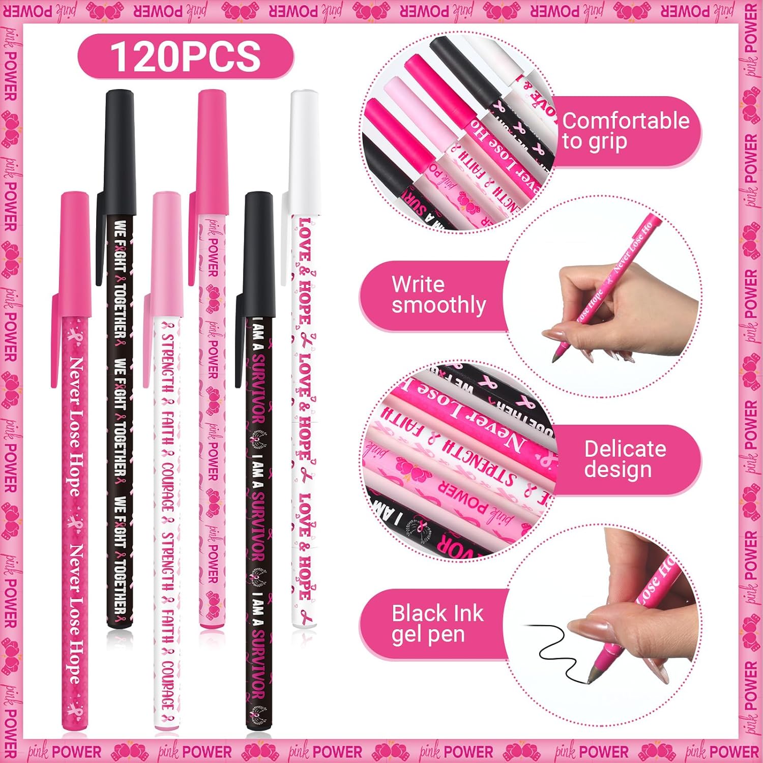 Faccito 120 Pieces Breast Cancer Awareness Pens Bulk Pink Ribbon Ballpoint Pens Breast Cancer Favors Gifts Black Ink Gel Pens for Women Girls Charity Recognition Public Event School Office Supplies