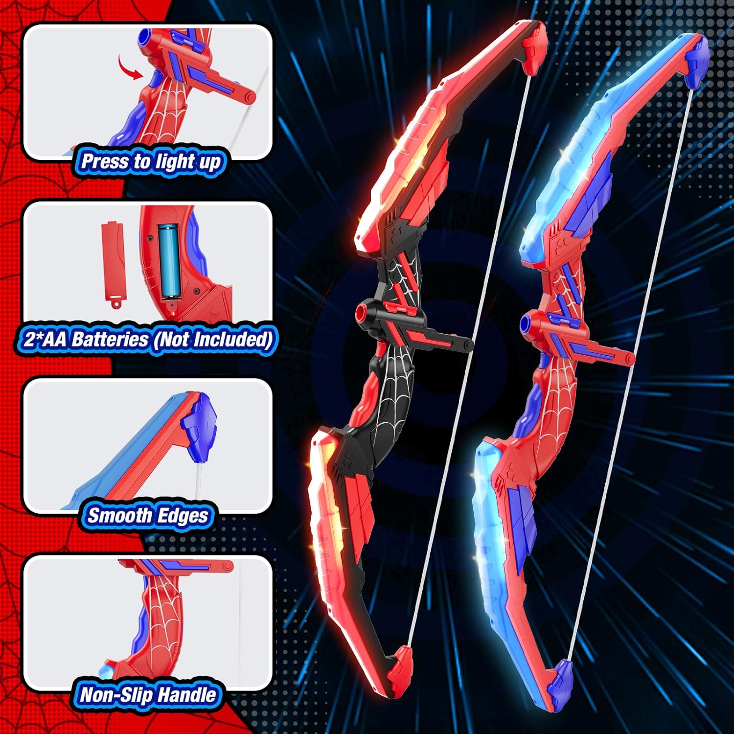 2PCS Bow and Arrow for Kids, LED Light Up Archery Set with 24 Suction Cup Arrows, 2 Hanging Target, 6 Score Targets & 2 Quiver, Indoor Outdoor Sport for Boys Girls Ages 4-12