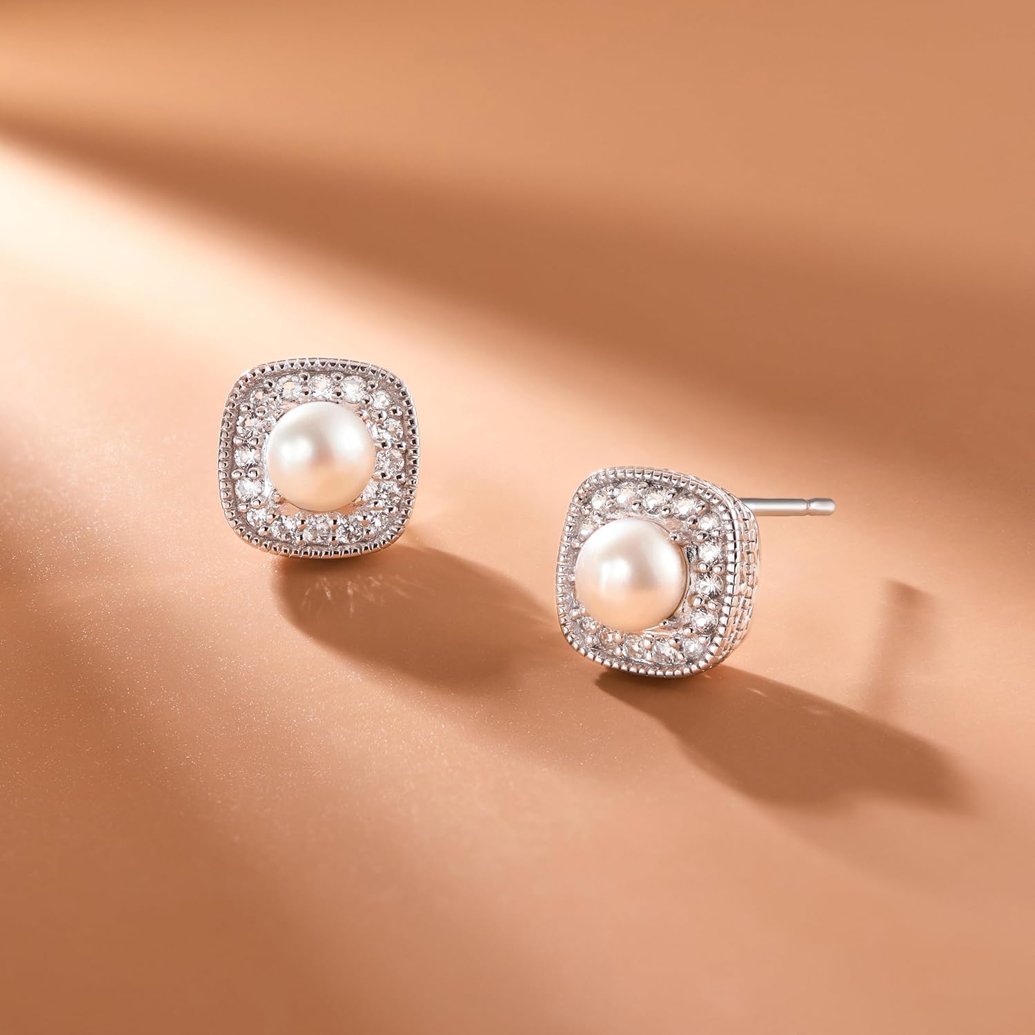 Amazon Essentials Sterling Silver Cushion Cut Birthstone and Created White Sapphire Halo Stud Earrings