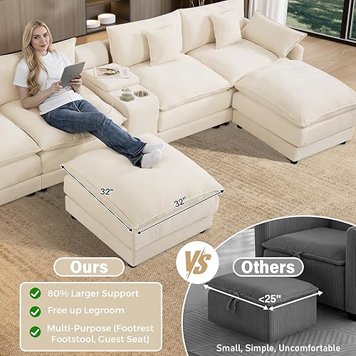 Miniatura 8 de Sofá de nube en forma de U de 145 pulgadas, cómodos sofás seccionales blancos para sala de estar, sofás modulares modernos y esponjosos de gran