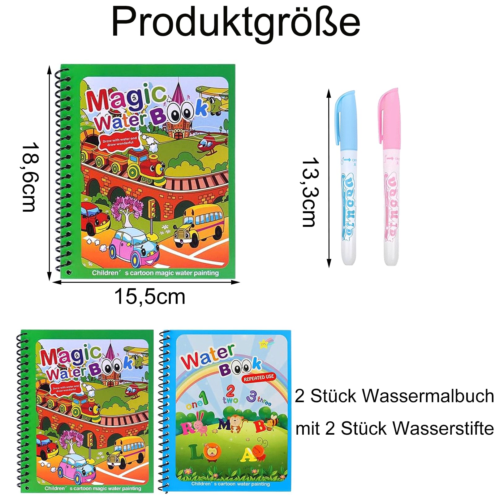 LEMONSTONE 2 sztuki kolorowanek wodnych, 2 sztuki pisaków wodnych, wielokrotnego użytku, magiczna kolorowanka wodna, kolorowanka Water Wwow, dla dzieci, prezenty (transport + alfabet)