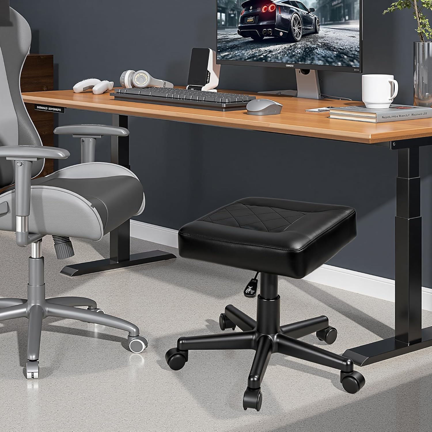 VECELO Under Desk Footrest, PU Ergonomic Foot Rest with Wheels, Comfort Padding, Height Adjustable for Relieving Leg Pain, Stiffness, Black