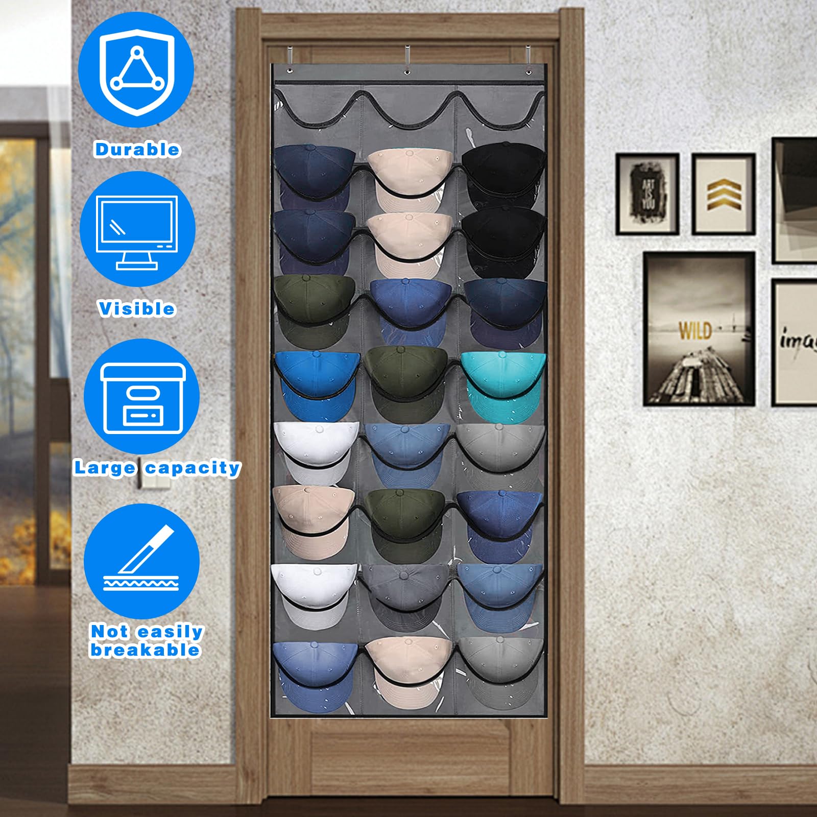 Porta Cappellini da Porta,Appendi Cappelli,Portas Cappelli Baseball Cap Holder con 27 Tasch,Portas Cappellini con Visiera per Riporre I Portacappelli da Baseball (Grigio)