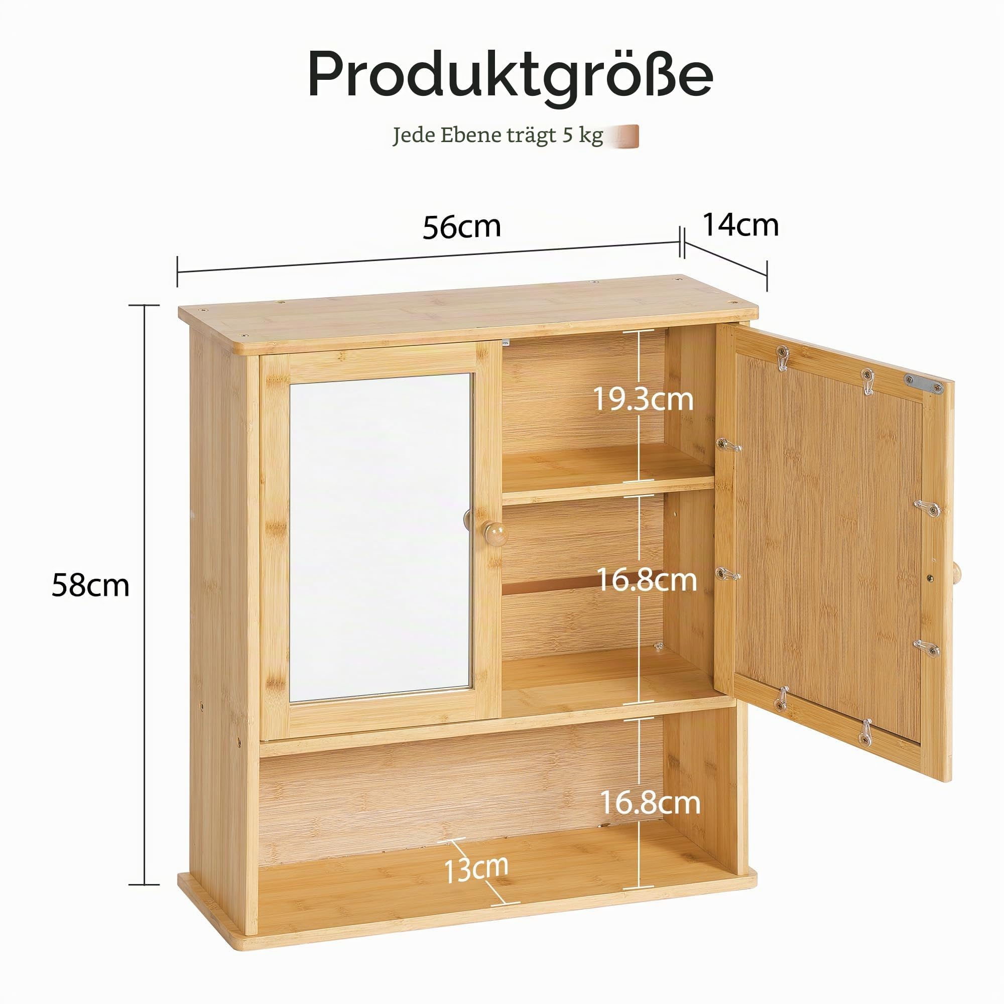 SogesHome Spiegelschrank hängende Medizinschrank aus Bambus Lagerung mit Tür und offenem Regal Wandmontage Schrank für Badezimmer über Toilette Badezimmerschrank