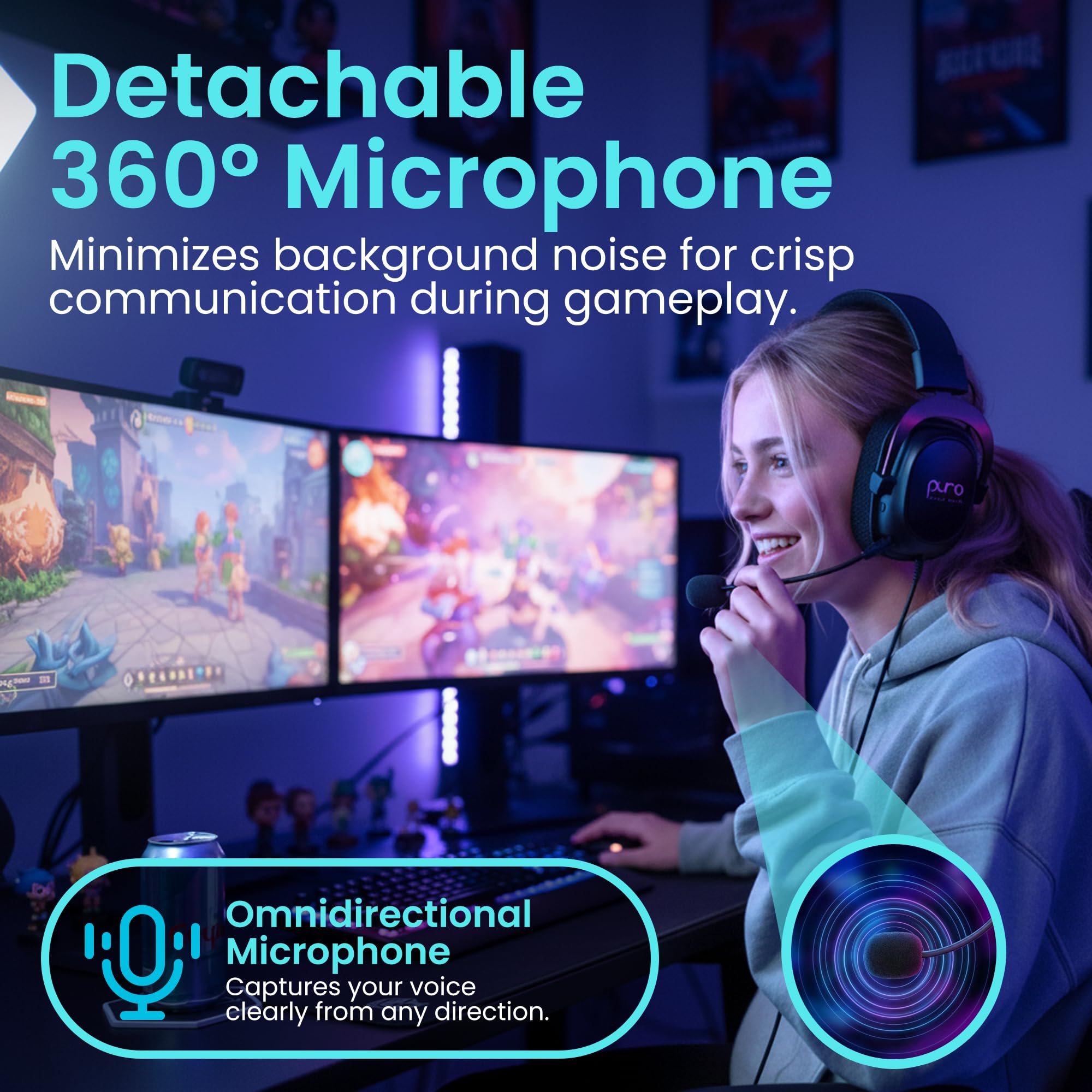 Puro Sound Labs PuroGamer-BT Casque de jeu sans fil, limitation du volume 85 dB, connectivité tri-mode, microphone amovible à 360 °, autonomie de la batterie de 32 heures, faible latence, design