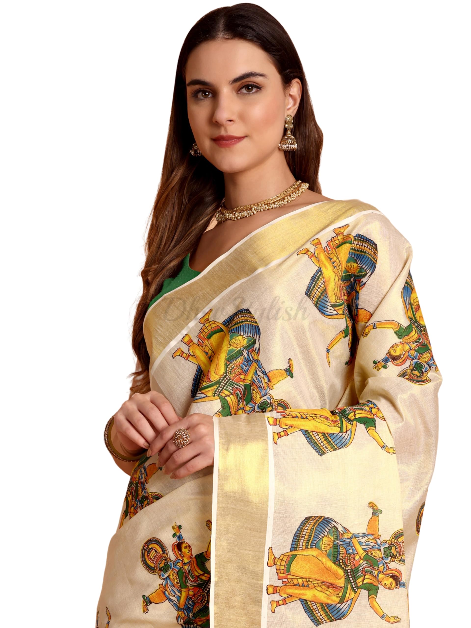 dhevstylish Kerala Kasavu golden Tissue with Kathakali print design saree with Running blouse| Green, Golden Yellow-picture-50