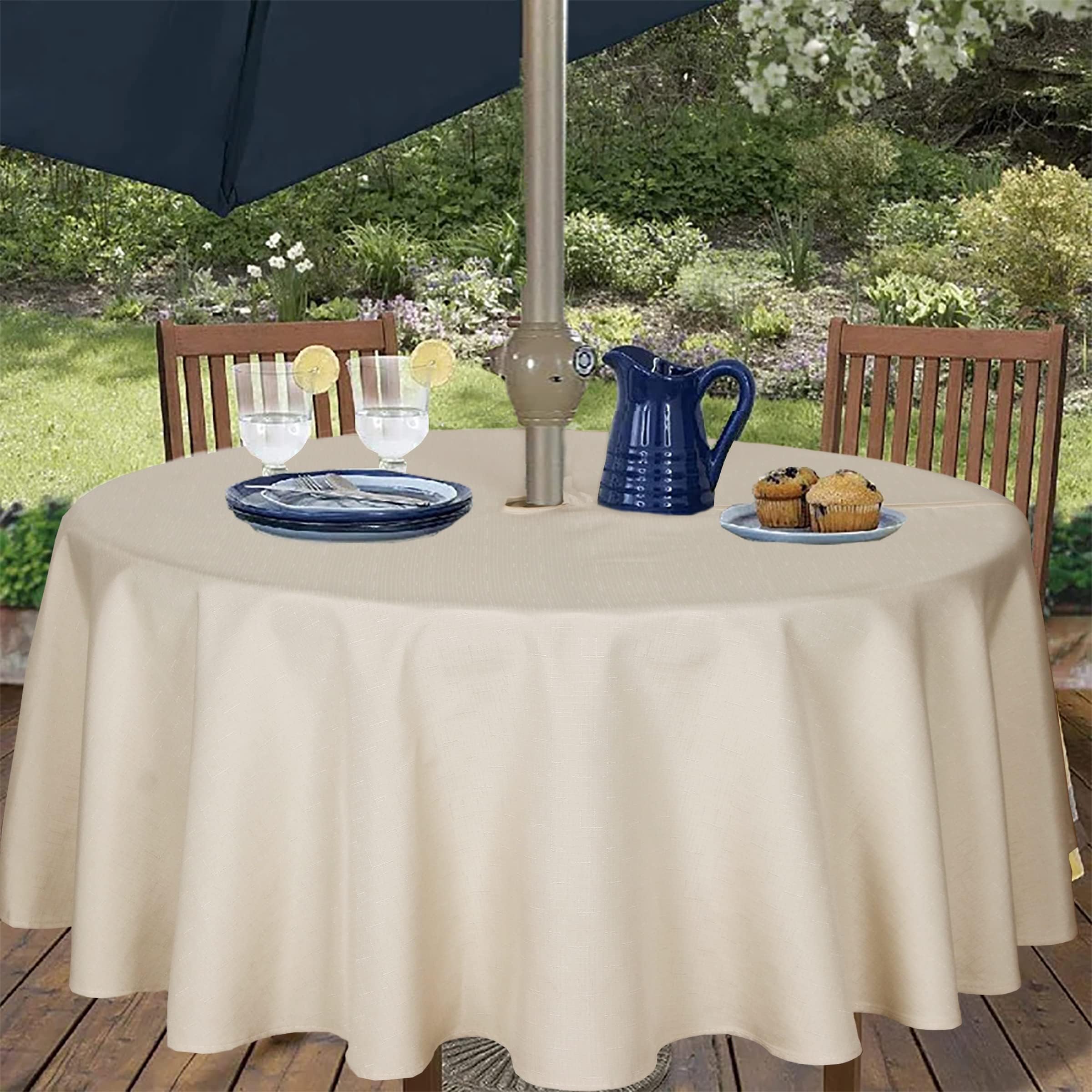 Tovaglia da esterno in tessuto di poliestere impermeabile antimacchia e antipiega con cerniera e foro per ombrellone, per picnic, feste, cene, patio e giardino (178 cm, rotonda, con
