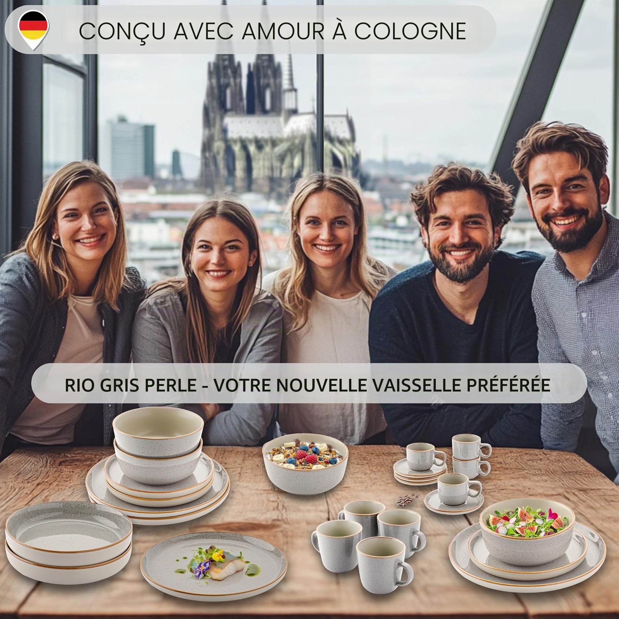 SÄNGER Value Collection Rio - Service de table 18 pièces en faïence pour 6 personnes - 6 assiettes plates, 6 assiettes à dessert - 6 bols et bols gris