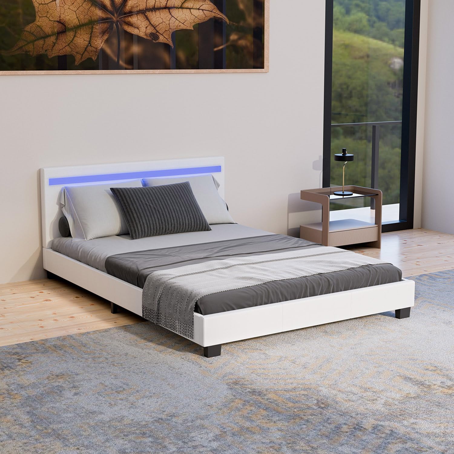 Juskys Polsterbett 140x200 cm – Bett Paris mit LED Beleuchtung, Lattenrost & Kopfteil, modernes Doppelbett aus Kunstleder & Holz – Weiß