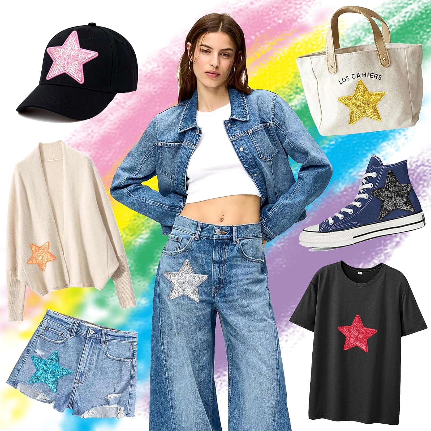 5 Inch Sequin Star Iron on Patches, 24 Pcs Glitter Stars Patches Embroidery Sequin Patches for Clothing, Jacket, Backpacks, Costume Decorations (12 Colors)