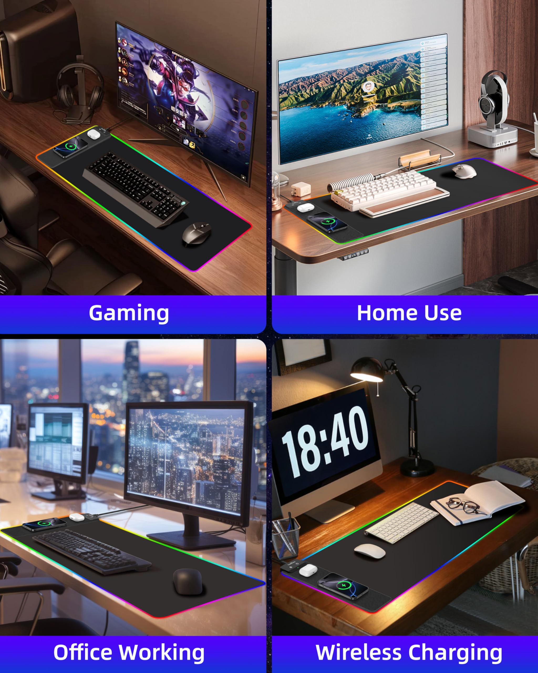 Alfombrilla de mouse RGB para juegos con carga simultánea para teléfono y Airpods, alfombrilla de mouse de carga inalámbrica de 15 W, alfombrilla de mouse LED con 13 modos de luz, alfombrilla de mouse