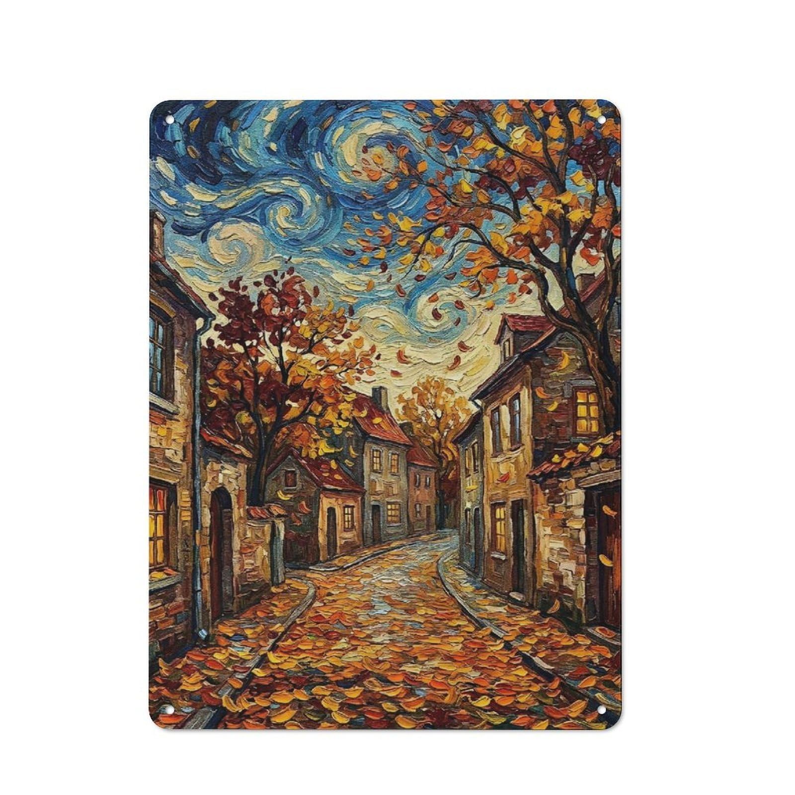 Junmoney Style-11 Autumn Street Scene Painting Tin Sign 40X30cm, Creative Studio Wall Plaque For Hobby Room, Office, Lounge Or Living Room