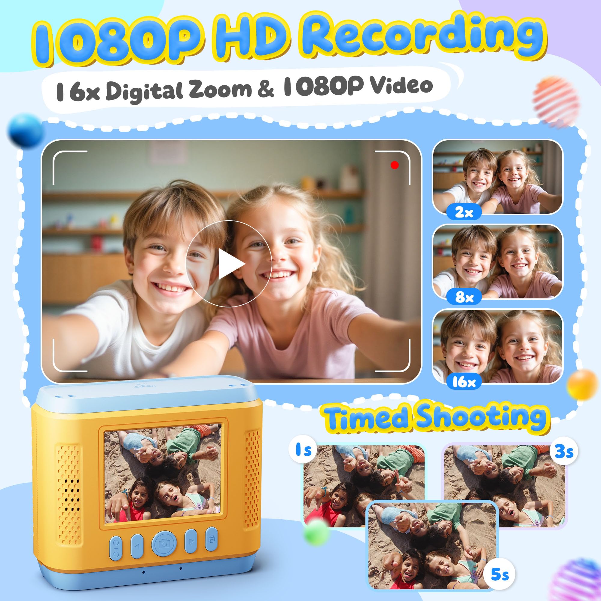 CalineGam Macchina Fotografica Bambini Istantanea, HD 1080P Fotocamera Istantanea per Bambini con Scheda 32G e Carta Fotografica, Regalo per Ragazze Ragazzi da 3-12 Anni (Blu)