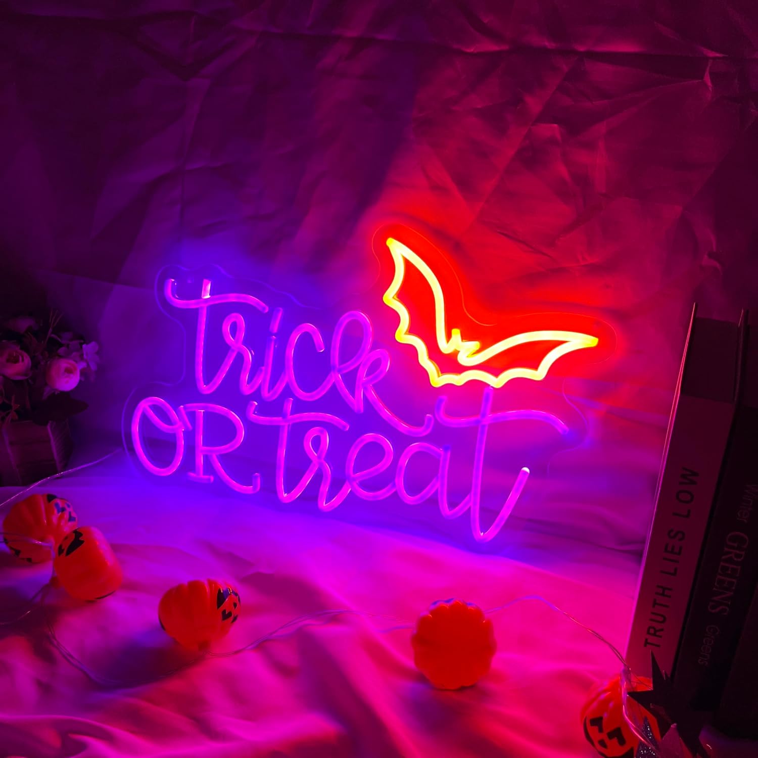 Halloween Neon Sign Trick or Treat Neon Lights for Halloween Decoration Bat Light Up Signs Neon Halloween Sign Powered for Home Party Bar Coffee Stores Window Front Door Bedroom Kids Room