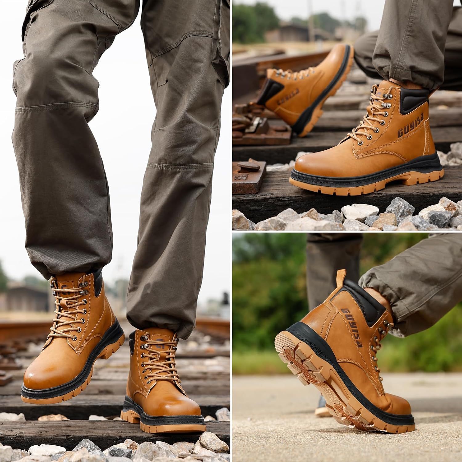 GUSAYEX Work Boots Water-Resistant Steel Toe Boots for Men Comfortable Industrial Construction Boot Lightweight Work Utility Shoes Rubber Sole Indestructible Leather Safety Shoes Fashionable Footwear