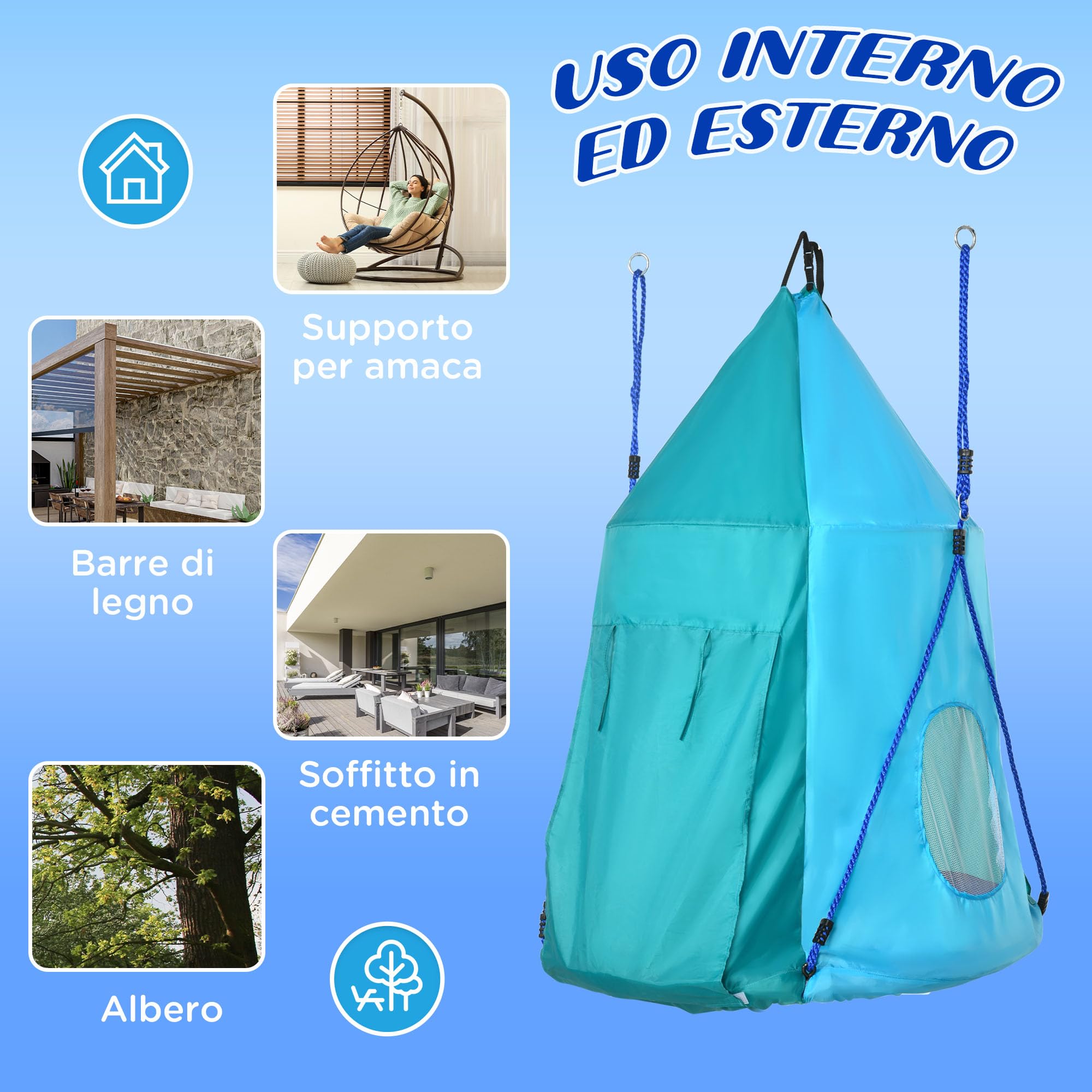 Outsunny Altalena da Giardino 2 in 1 per Bambini 3-8 Anni Ø100cm Blu | con Tenda, Altalena a Nido, Corde Regolabili