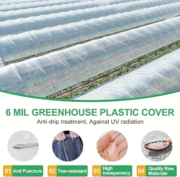Farm Clear Greenhouse Plastic Film Sheeting Cover, 6 mil UV Resistant Polyethylene Film, Hoop House Garden Green House Plant Cover Sheeting (6.5 ft x 19.7 ft)