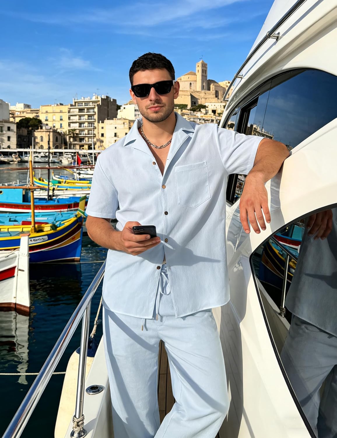 UOUA Mens 2 Piece Linen Set Summer Beach Button Down Short Sleeve Shirt Long Pant Vacation Casual Outfit - Image 2