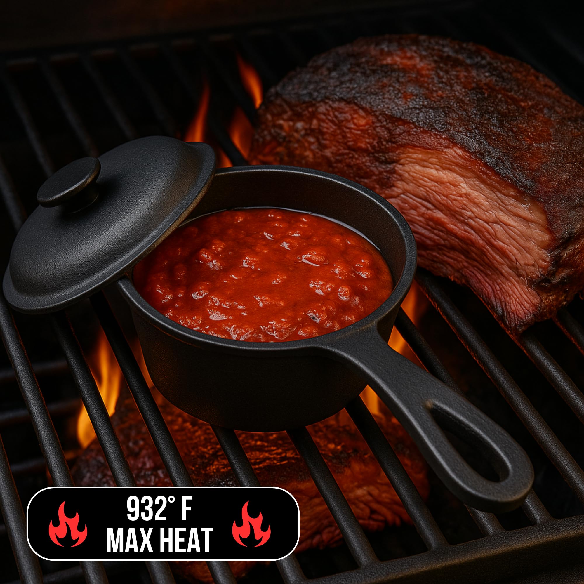 Gusseisen-Saucenpfanne Set – 2 Töpfe à 473 Ml + 2 Grillbürsten | Schmelzen, Braten, Glasieren | Für Grill & Herd