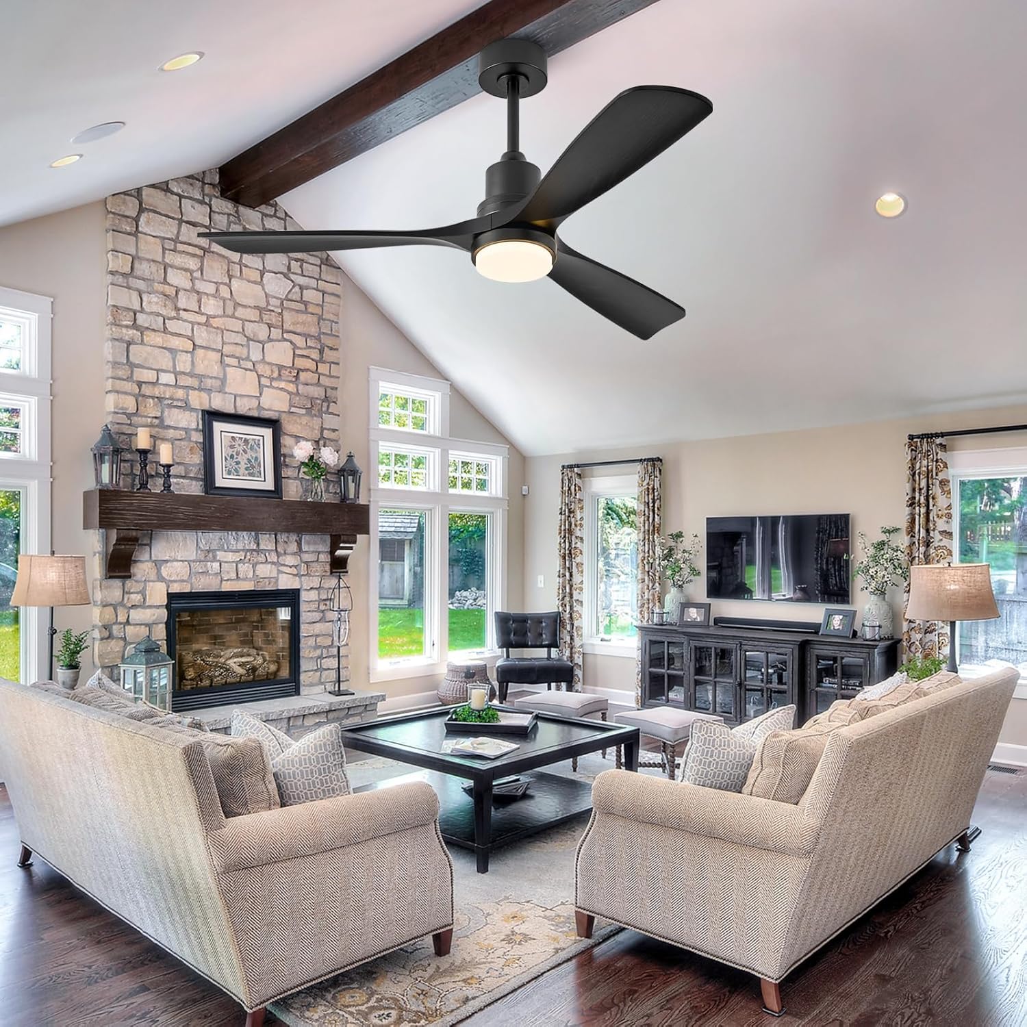 60 inch Smart Ceiling Fan with Lights,Outdoor Ceiling Fan 3 Wood Blades Works with Alexa/Gg Voice Control&App&Remote,Quiet DC Motor for Covered Patio Porch Bedroom,Black