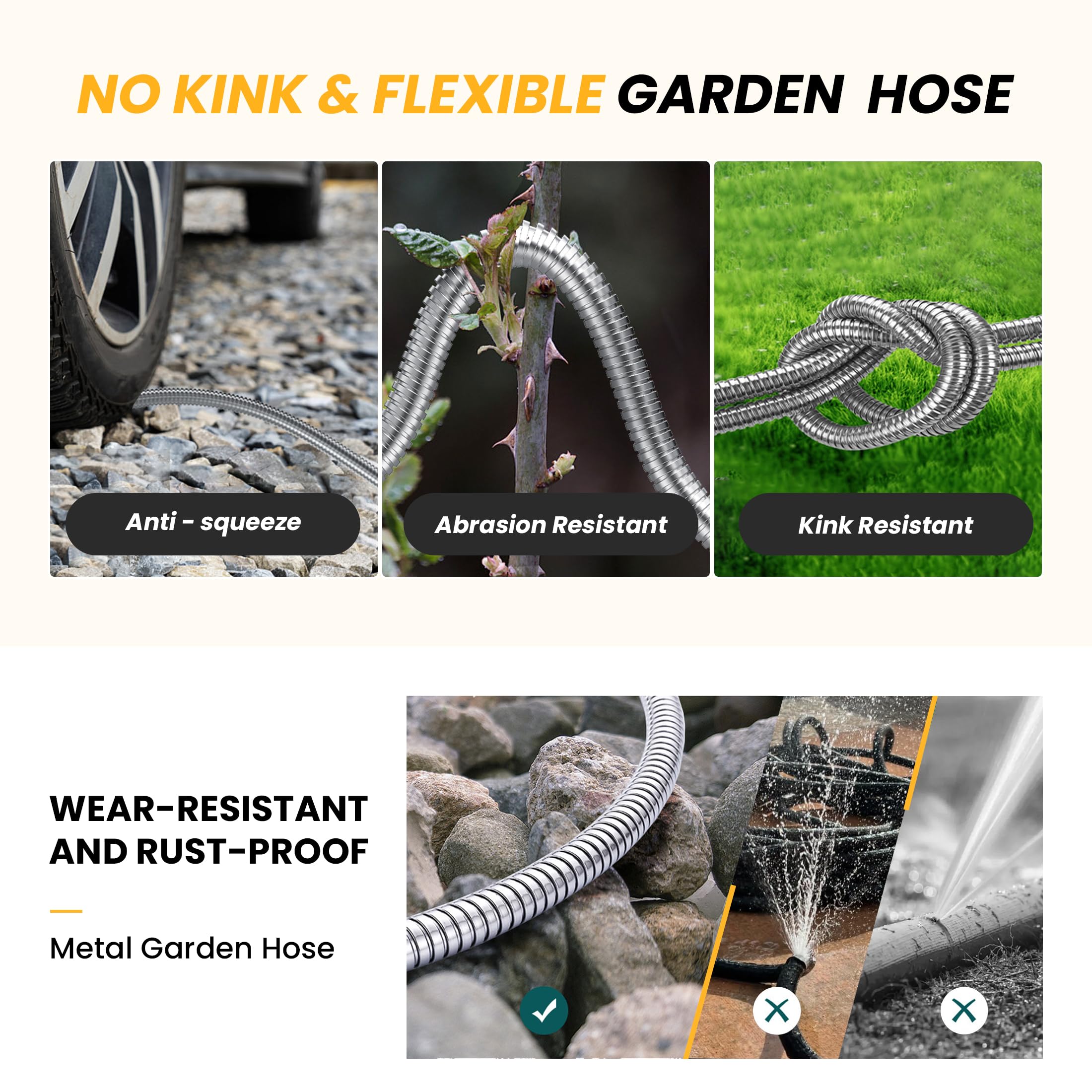 Lefree Garden Hose 100ft, Metal Garden Hose, Flexible Water Hose with 10-Function Nozzle, Stainless Steel Heavy Duty Hose, Crush Resistant, Leak Proof, No Kinks Garden Hoses for Yard, Outdoors, Rv