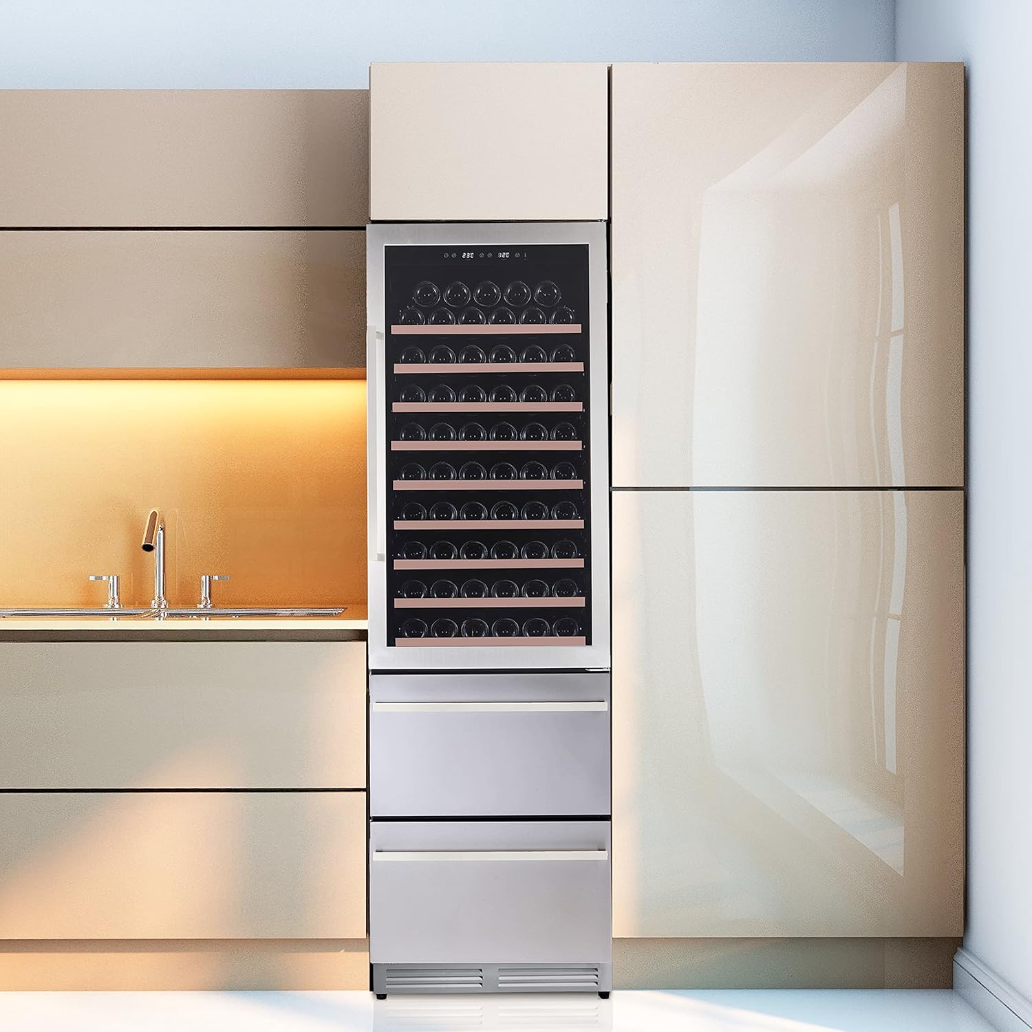 Avanti Wine Cooler ELITE Series, 108-Bottle Capacity with 2-Drawer Beverage Refrigerator, Dual-Zone Cooling, Double-Pane Glass Door, LED Display, and Wooden Shelves, 24-Inch, Stainless Steel