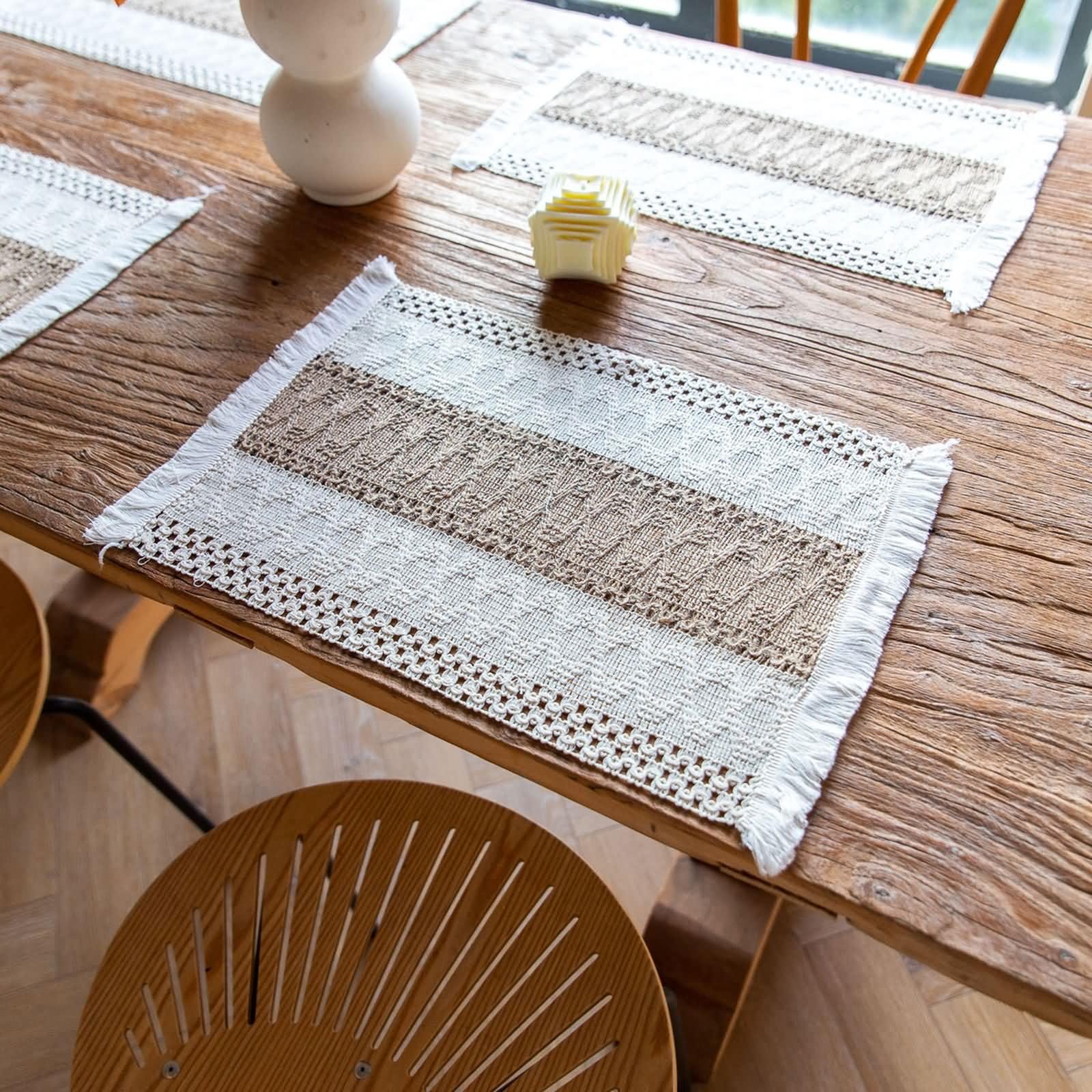 6er Tischsets, 30 x 50 cm Beige Braun Platzset Abwaschbar Leinen Baumwolle Rechteck, Rechteck mit Raute Gewebt und Quasten