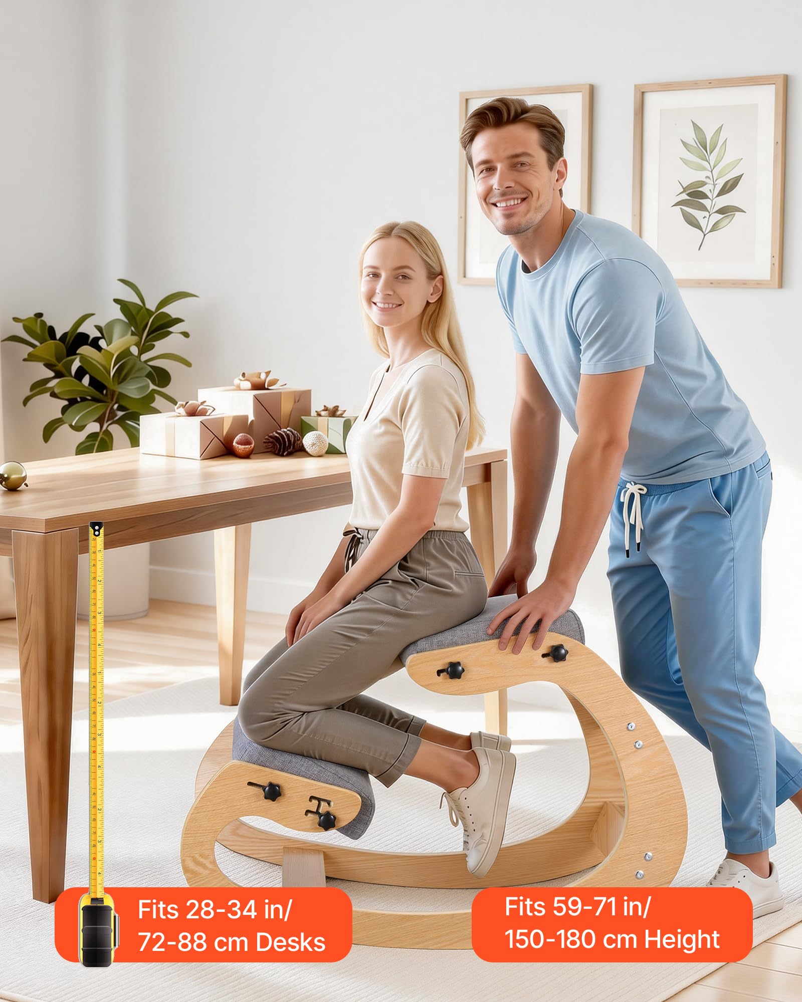VEVOR Chaise à Genoux Ergonomique, Siège Assis Genoux Coussins en Mousse Épaisse, Réglables à 3 Niveaux, pour Maison Bureau Méditation, Cadre en Bois Massif, Soulage Tensions du Cou et du Dos, Grise