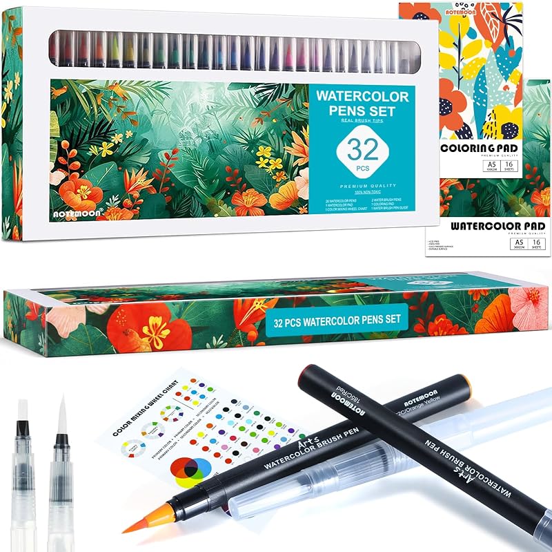 32 PCS Watercolor Pens Set with 26 Vivid Colors, Real Brush Tip Markers | Art Supplies Gift Set with 26 Watercolor Brush Pens, 2 Blender Pens, Watercolor & Coloring Pad for Beginners Students Adults