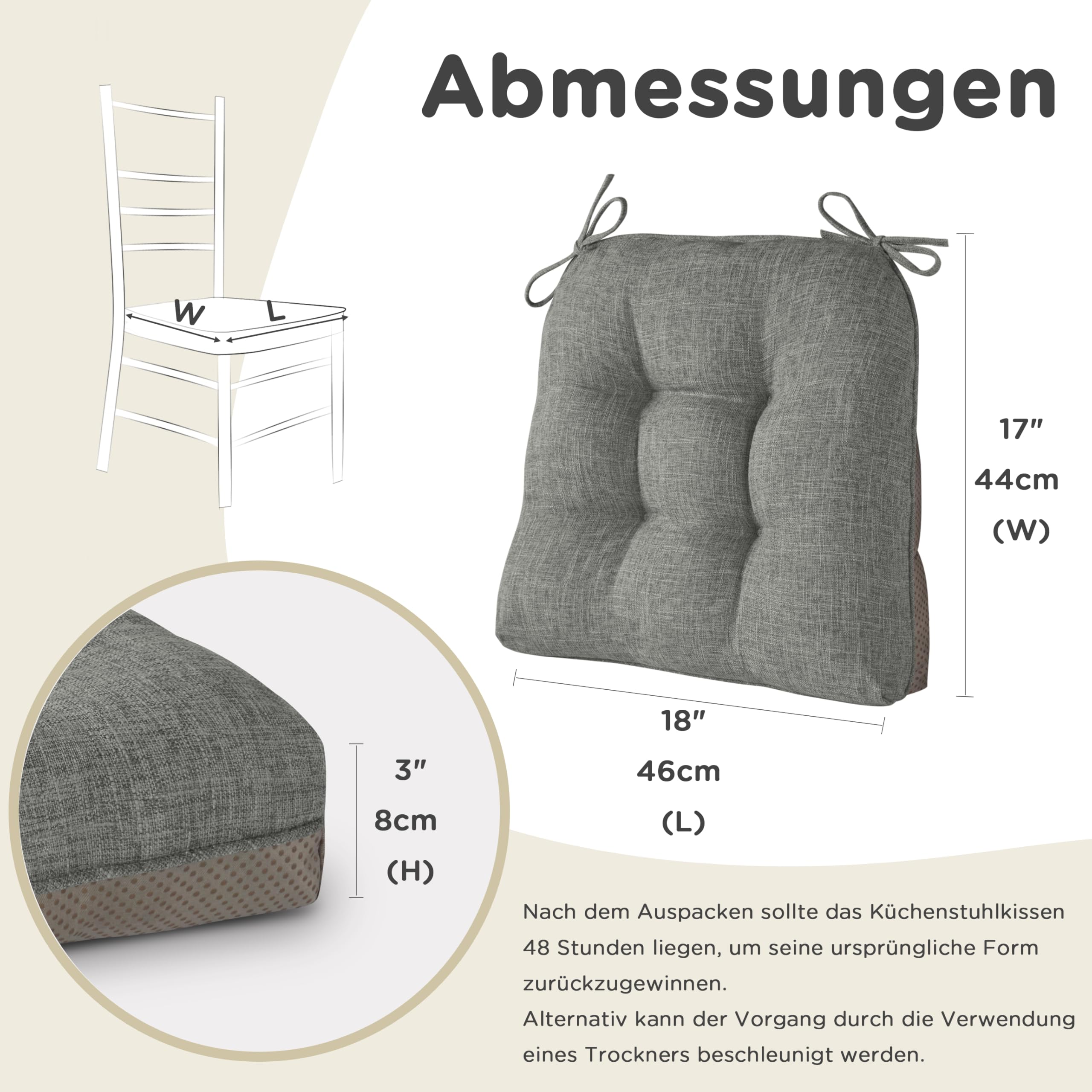 AddGrace Sitzkissen für Esszimmerstühle 4er-Pack 46x44x8cm Hellgrau | mit rutschfester Unterseite und Bändern, geeignet für die meisten Esszimmer- und Küchenstühle, strukturierter Stoff, bequem